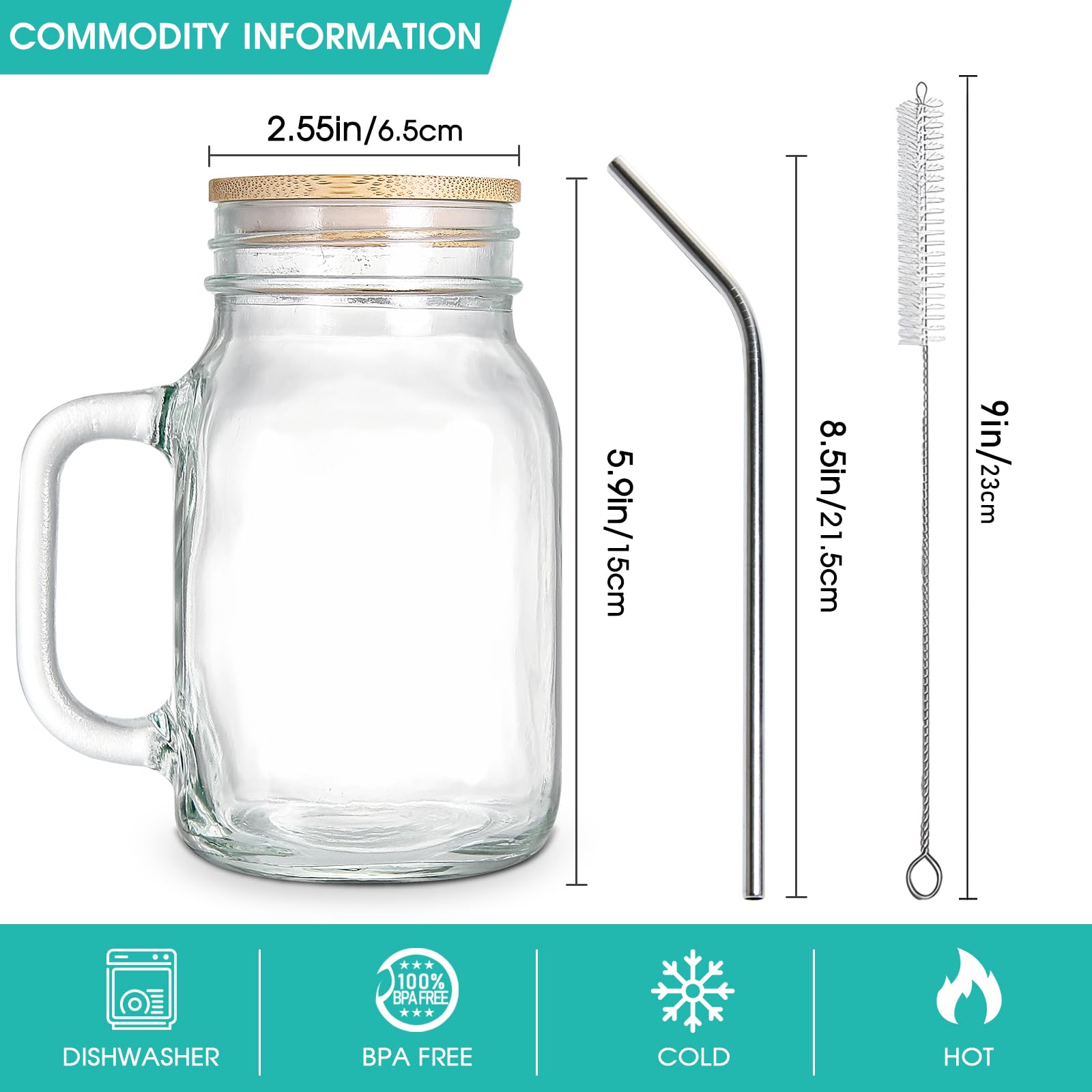 4 Pack 20 Oz Mason Jars with Bamboo Lids & Straws - Reusable Drinking Glasses for Iced Coffee, Juice, Smoothies, Kombucha, Tea & Milk - Perfect for Home, Office, Picnics & Outdoor Activities