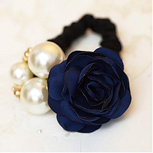 Fashion Women's Rose Elastic Hair Bands - Big Flower Rhinestone & Pearl Rope Charm Hair Accessories (Deep Blue) | Perfect for Weddings, Parties, and Everyday Styling