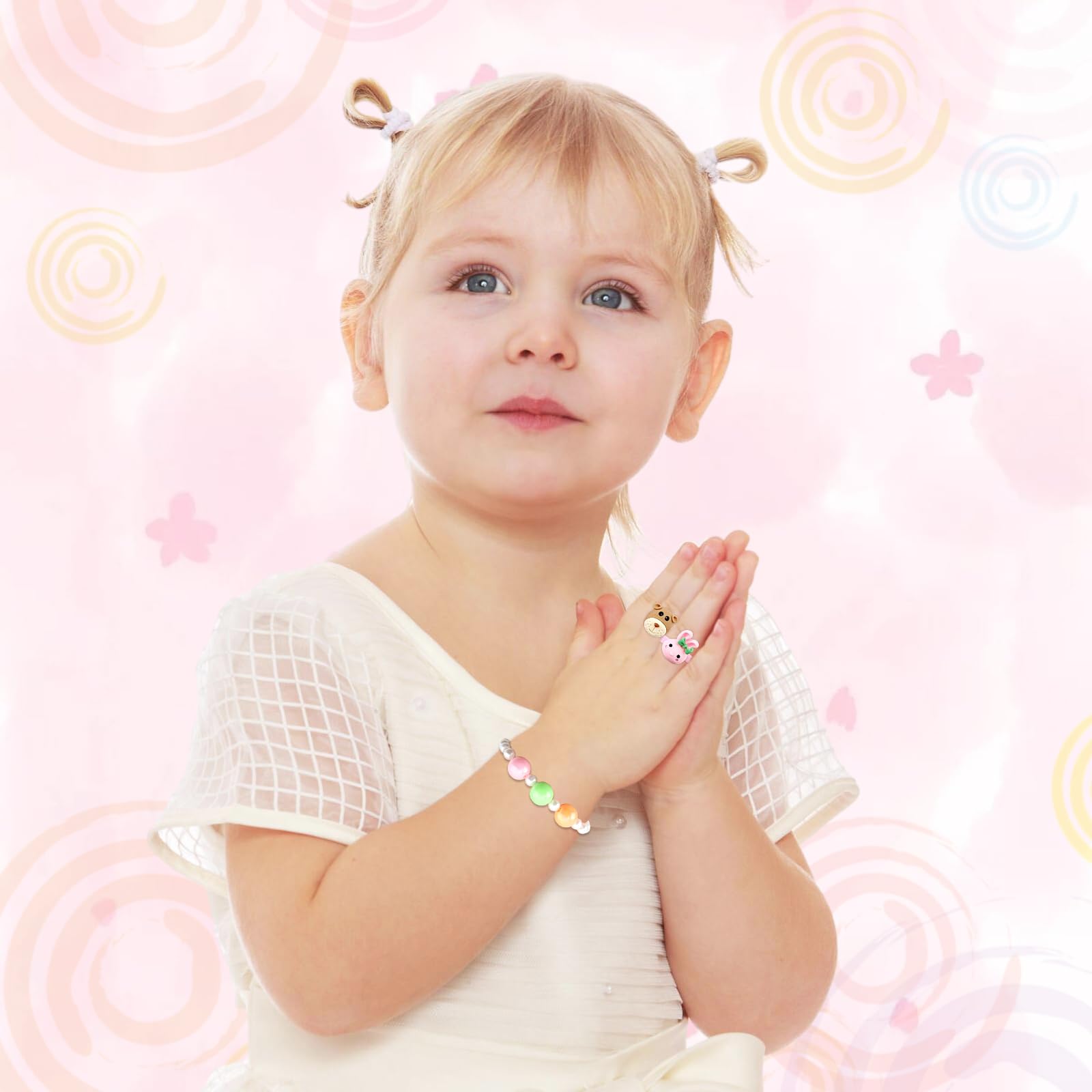 **Adjustable Pink Little Girl Jewelry Rings Set - Cute Pretend Play Dress Up Rings for Kids with Display Case - Perfect for Birthday Party Favors, Gifts & Role Play**