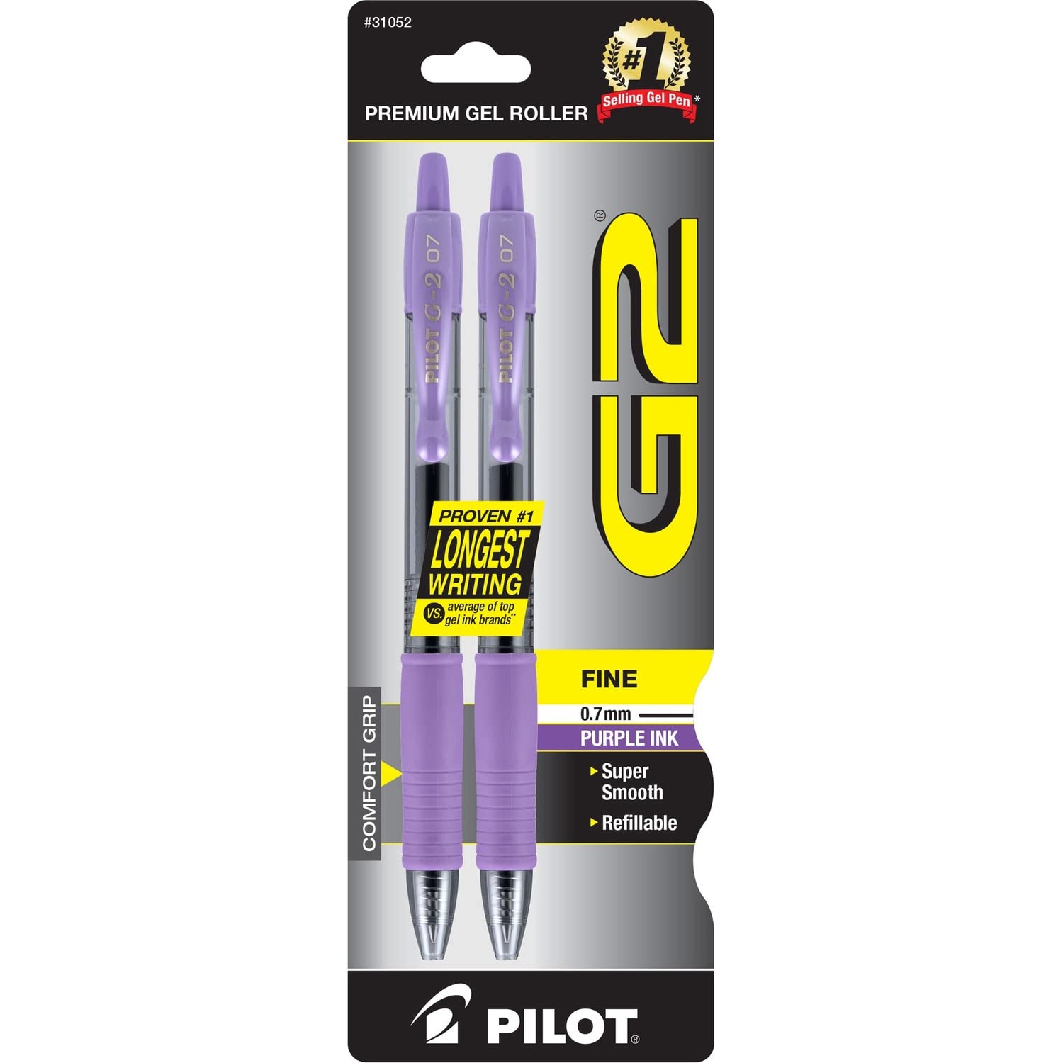 Pilot G2 Premium Fine Point 0.7mm Gel Roller Pens - 2 Pack Purple Ink Pens for Office, School, Note Taking & Journaling