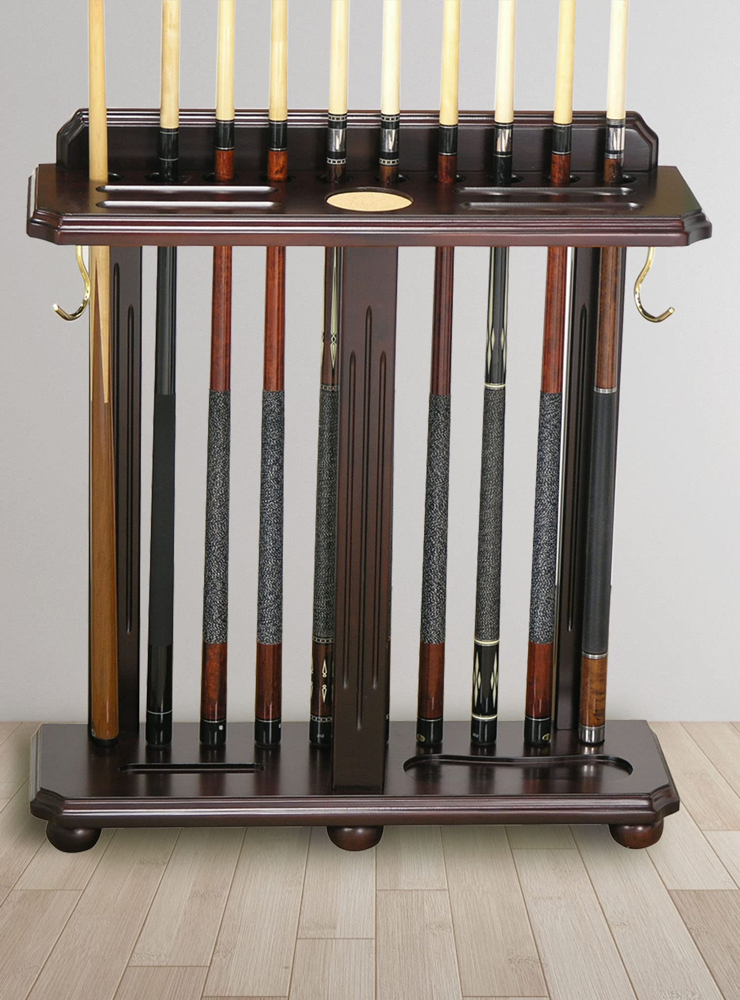 Premium Wooden Floor-Standing Pool Cue Rack - 12 Cue Holder with Stylish Carved Design | Perfect for Billiard Rooms, Game Rooms & Home Bars (Traditional Style)
