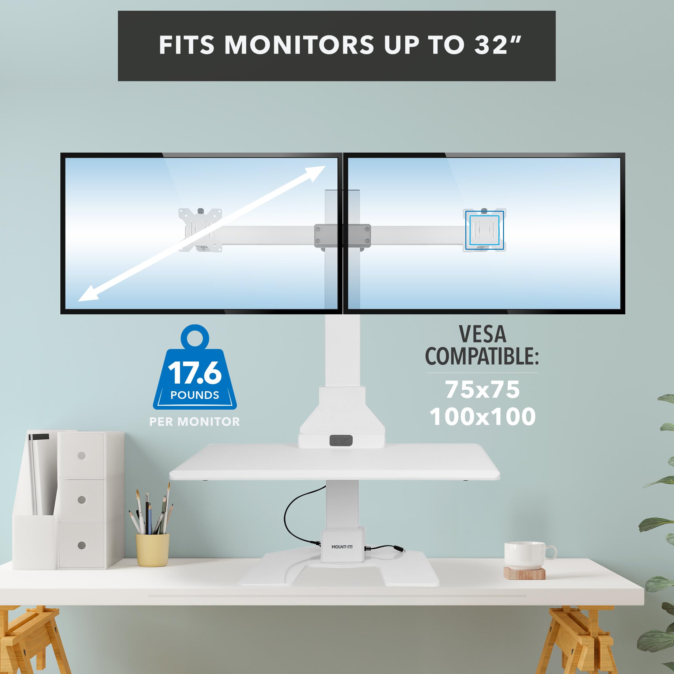 Mount-It! Electric Sit Stand Desk Converter - Motorized Adjustable Height Standing Desk Riser with Dual Monitor Mounts & Tablet Slot - Ergonomic Workstation for Office, Home & Gaming - White