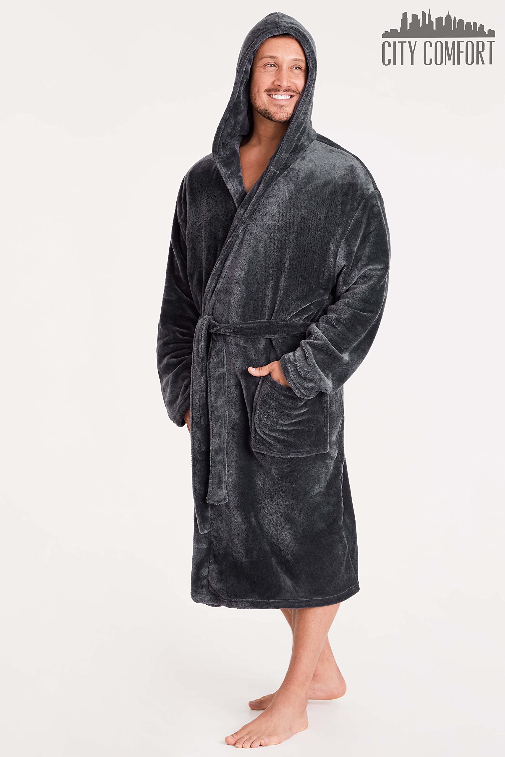 Men's Fleece Robe with Hood - Super Soft & Cozy Bathrobe for Lounge, Spa & Winter Wear - Warm Hooded Dressing Gown for Relaxation at Home