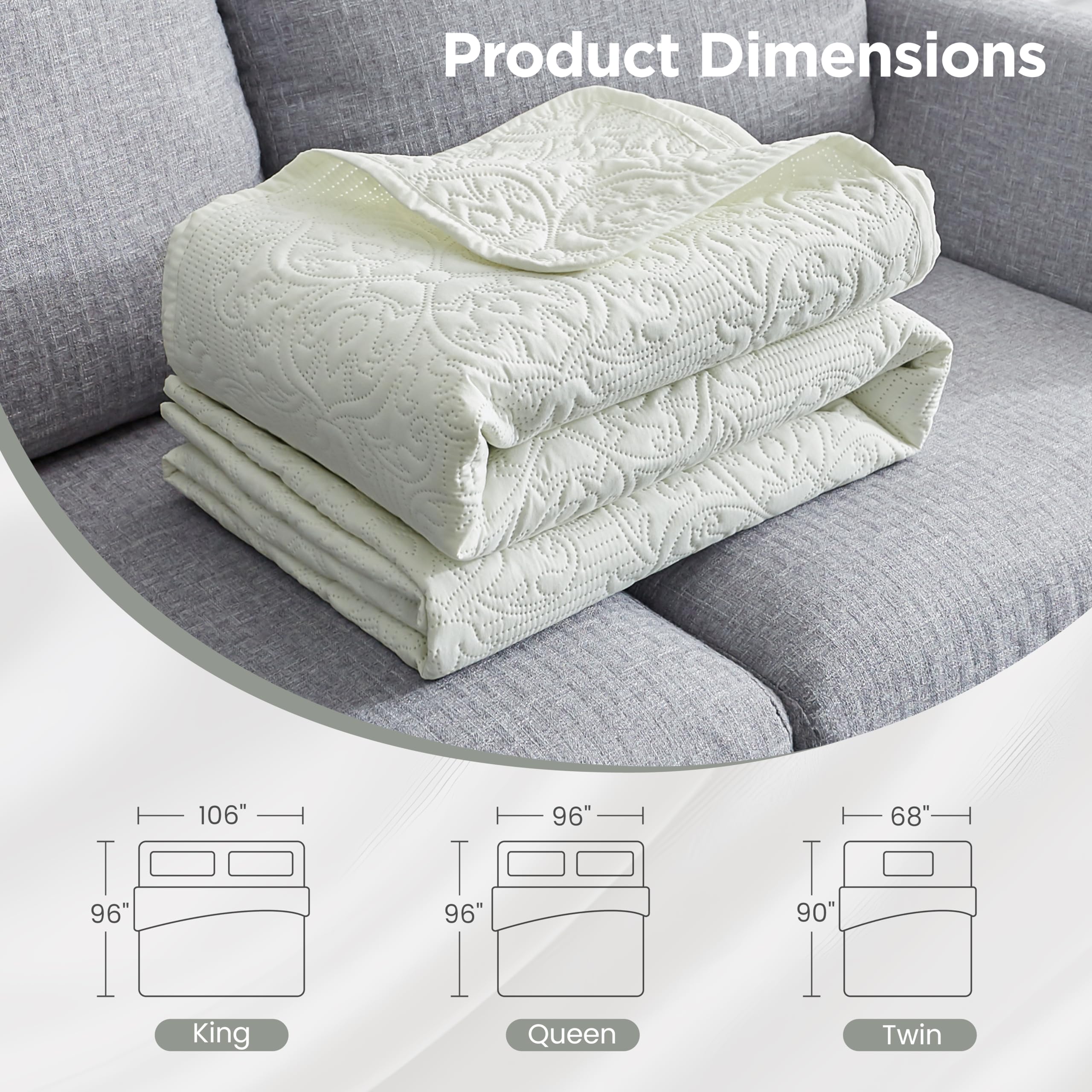 Sophia & William Reversible Lightweight Quilt Bedspread Coverlet - Queen Size, Ivory - Perfect for Bedroom Decor, Guest Room, and Cozy Home Styling