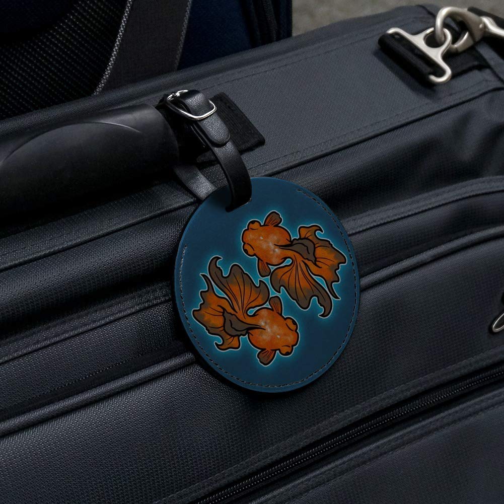Japanese Goldfish Round Leather Luggage Tag - Waterproof Suitcase ID Card Holder for Travel - Perfect for Carry-On Bags, Backpacks & Suitcases