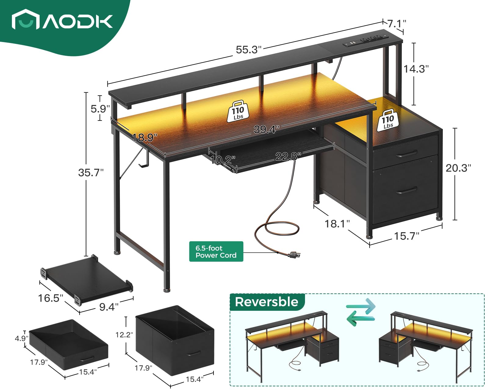 **AODK 55-Inch Gaming Desk with Power Outlets & LED Light - Reversible PC Desk with Fabric Drawer, File Cabinet & Keyboard Tray - Black Computer Desk for Home Office, Gaming & Workstation Setup**