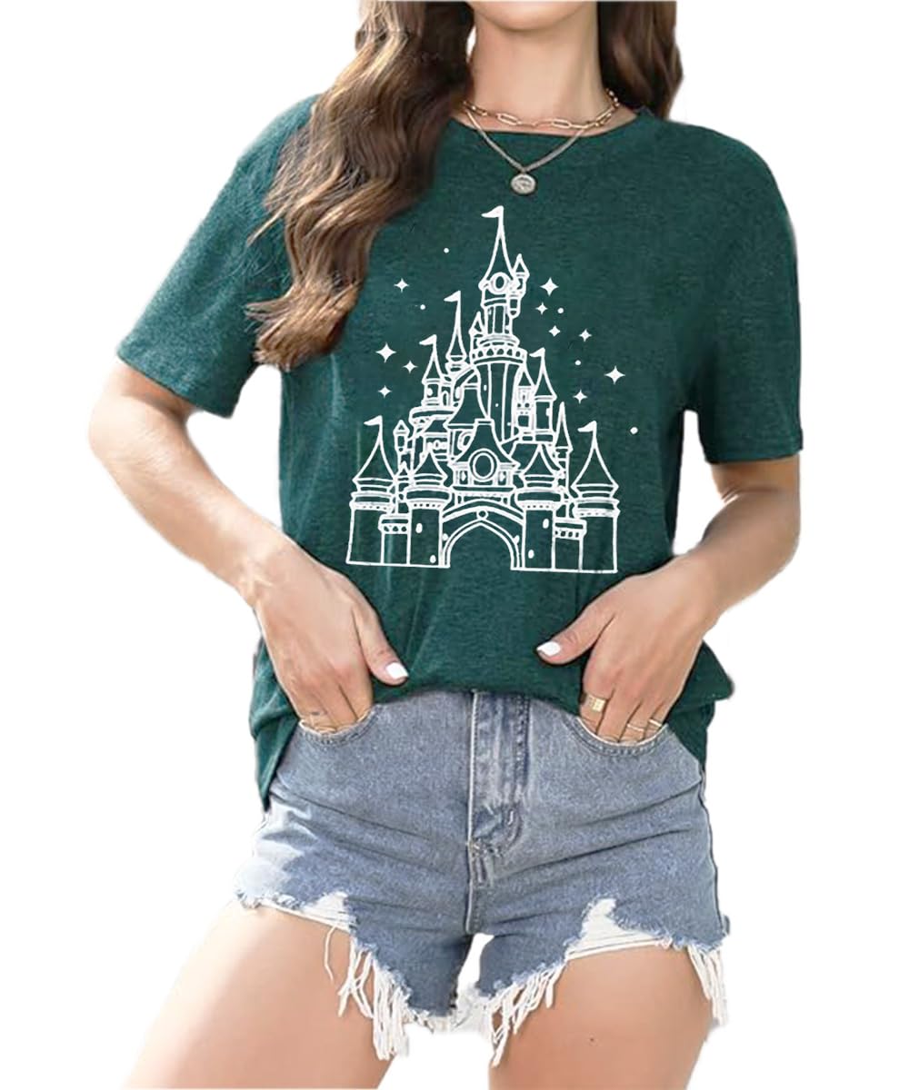 Magic Castle Graphic T-Shirt for Women | Cute Kingdom Print Short Sleeve Tee | Casual Vacation Holiday Top | Perfect for Disney Trips, Theme Park Outings & Fantasy Cosplay