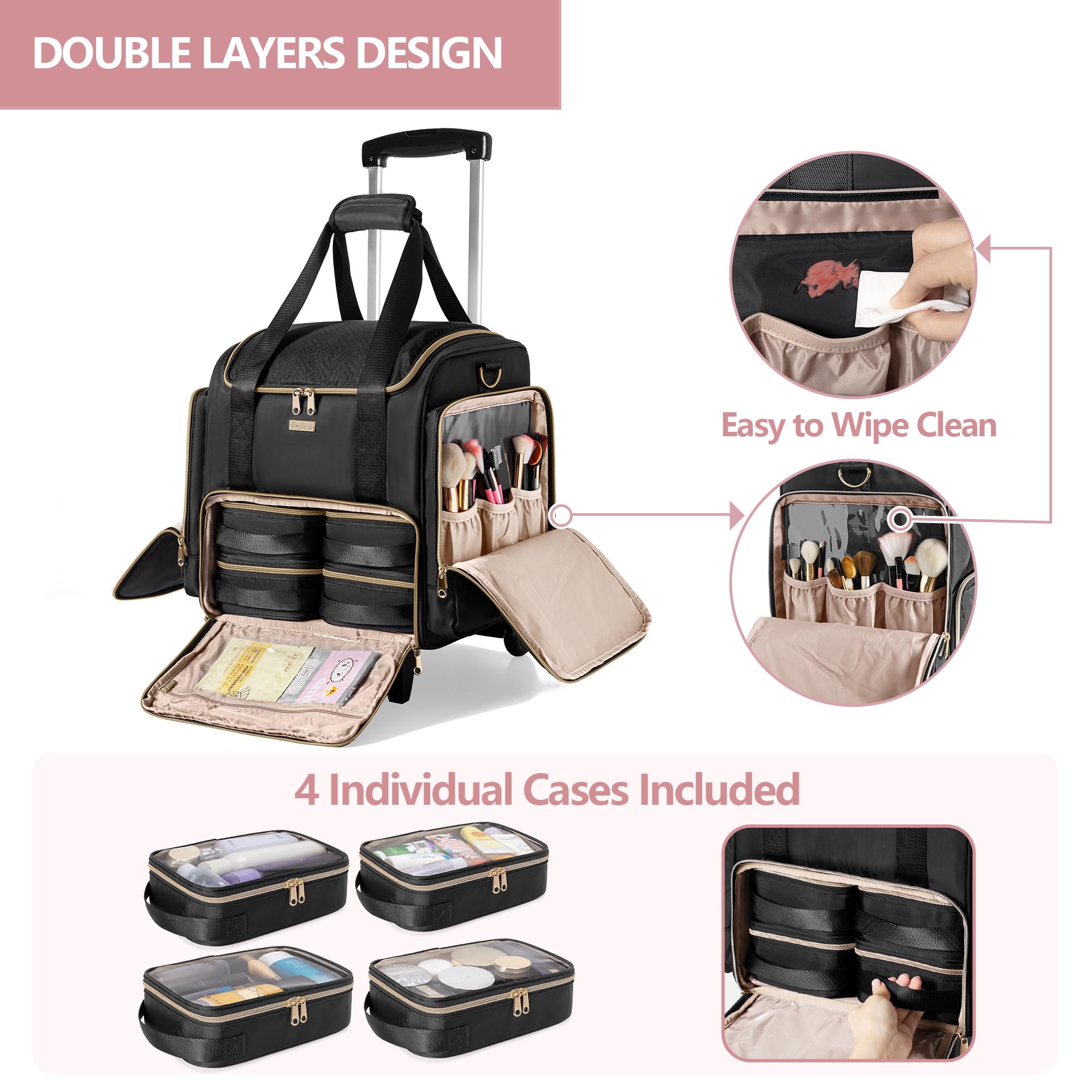 Professional Rolling Makeup Train Case with 4 Removable Bags & Brush Storage - Black Patent Design | Portable Cosmetic Organizer for Travel, Salon & Makeup Artists | Perfect for On-the-Go Beauty Professionals & Mobile Stylists