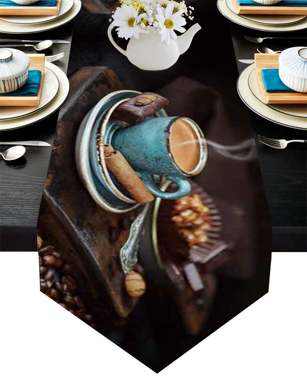 Premium Linen Dining Table Runner 13x108 Inches - Coffee Bean & Vintage Blue Coffee Cup Design for Farmhouse, Kitchen, Coffee & Dining Decor - Perfect for Indoor & Outdoor Parties, Weddings, Holidays & Everyday Use