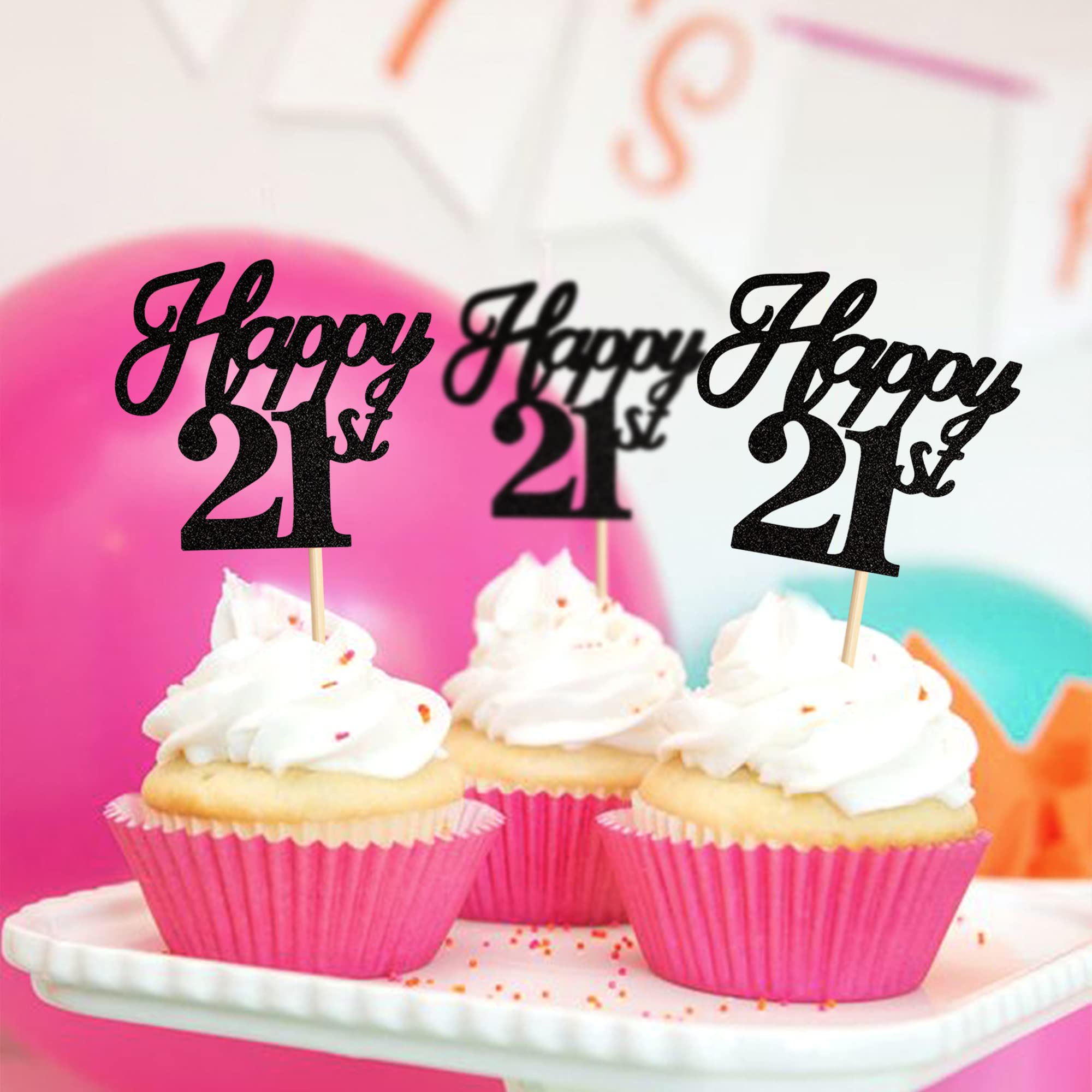 Ercadio 24 Pack Happy 21st Birthday Cupcake Toppers - Black Glitter 21st Cupcake Picks, Cheers to 21 Cake Decorations for Birthday, Wedding & Anniversary Parties - Perfect for Milestone Celebrations & Festive Dessert Displays