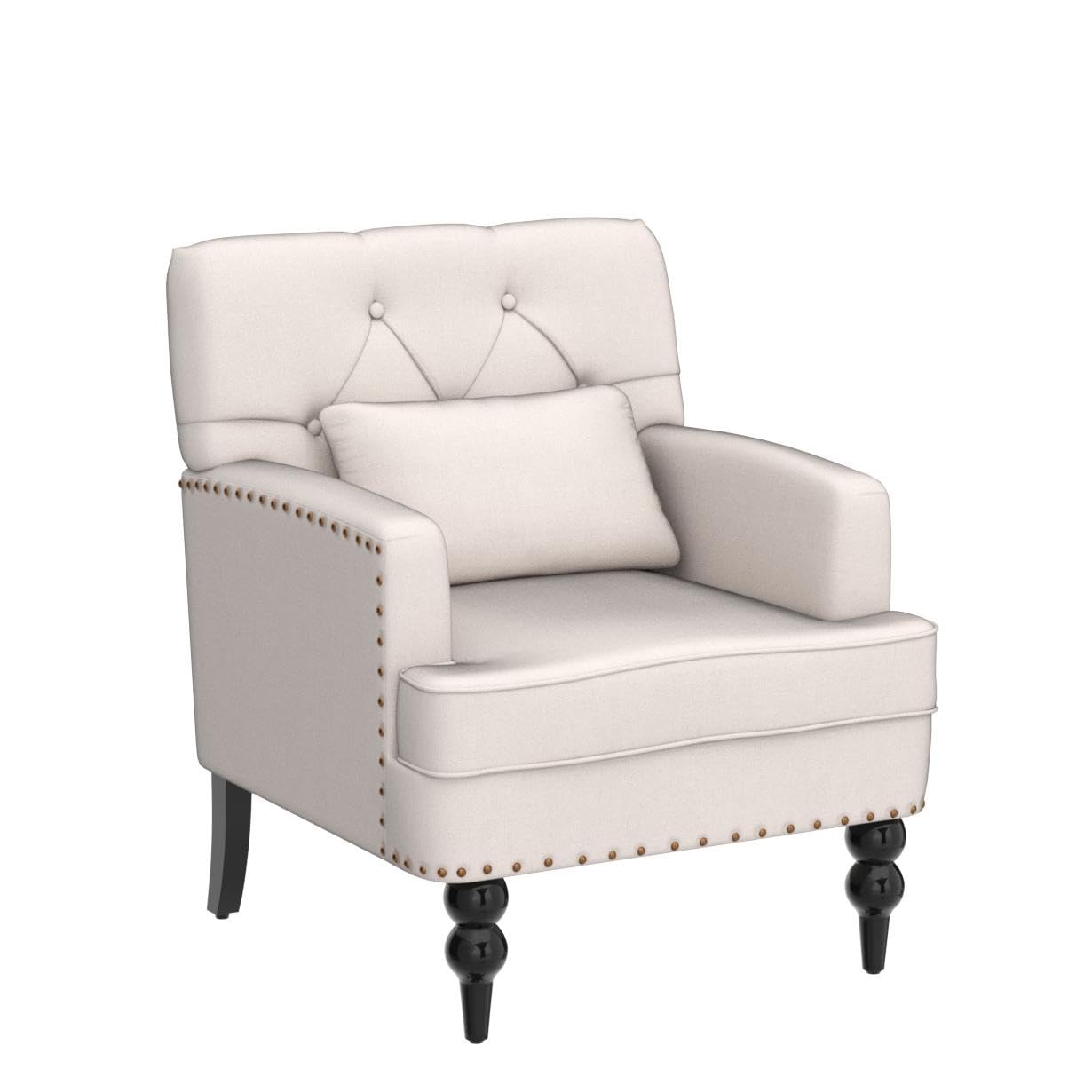 HUIMO Tufted Club Chair Set of 2 - Mid Century Modern Accent Chairs with Lumbar Pillow & Studded Upholstery, Beige Fabric Armchairs for Living Room, Bedroom, Office or Reading Nook - Cozy Seating for Relaxation & Home Decor