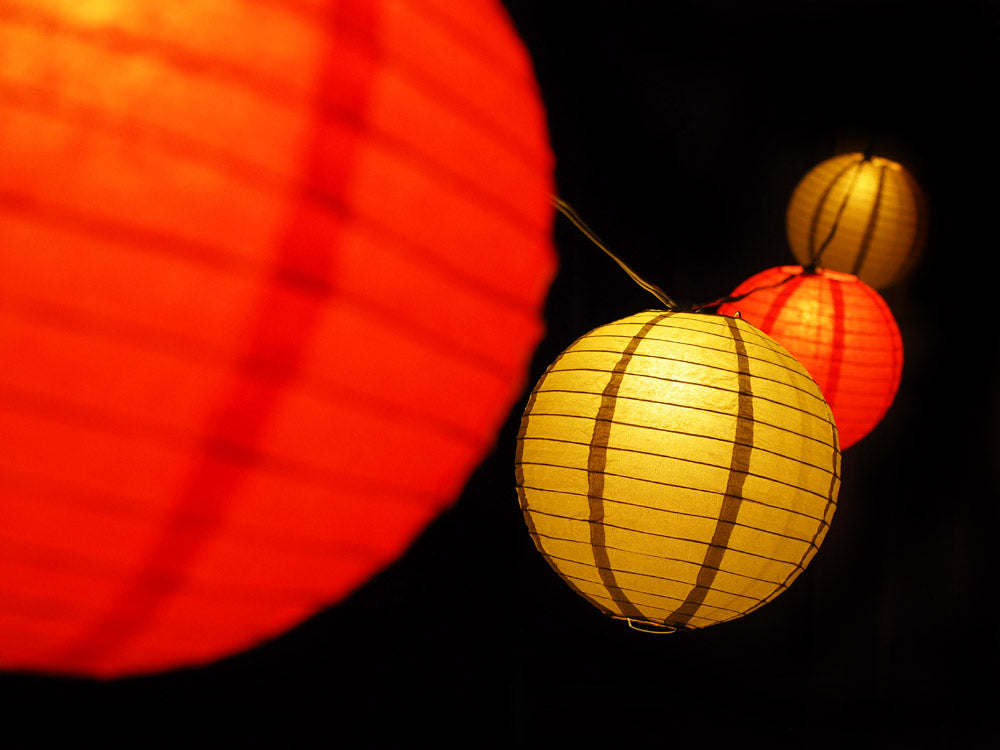 16 Inch Chinese New Year Red and Gold Paper Lantern String Lights - 31 FT Expandable LED Fairy Lights with Black Cord for Home Decor, Party, Wedding, and Festival Lighting