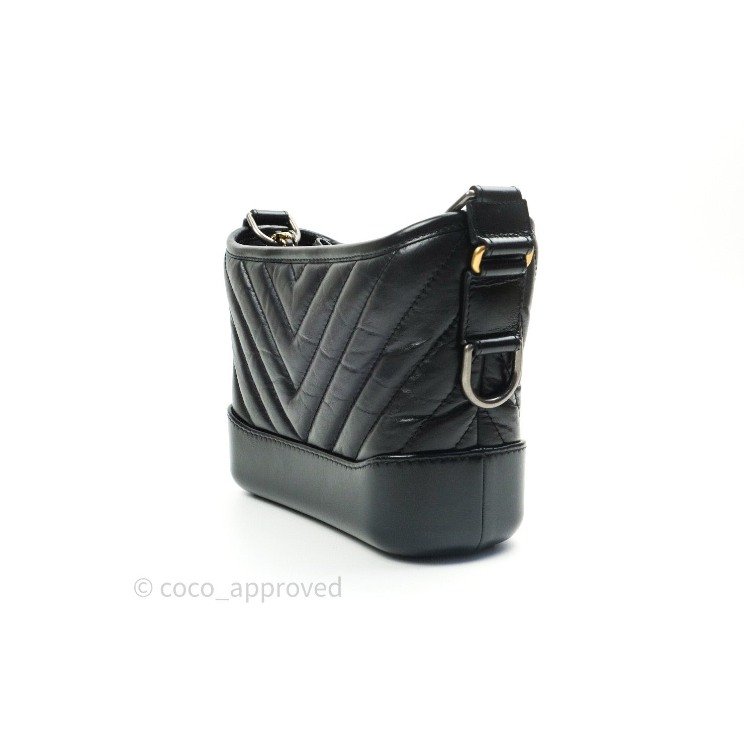 Chanel Small Gabrielle Hobo Bag in Black Calfskin with Chevron Pattern & Mixed Hardware - Perfect for Everyday Use, Work & Special Occasions