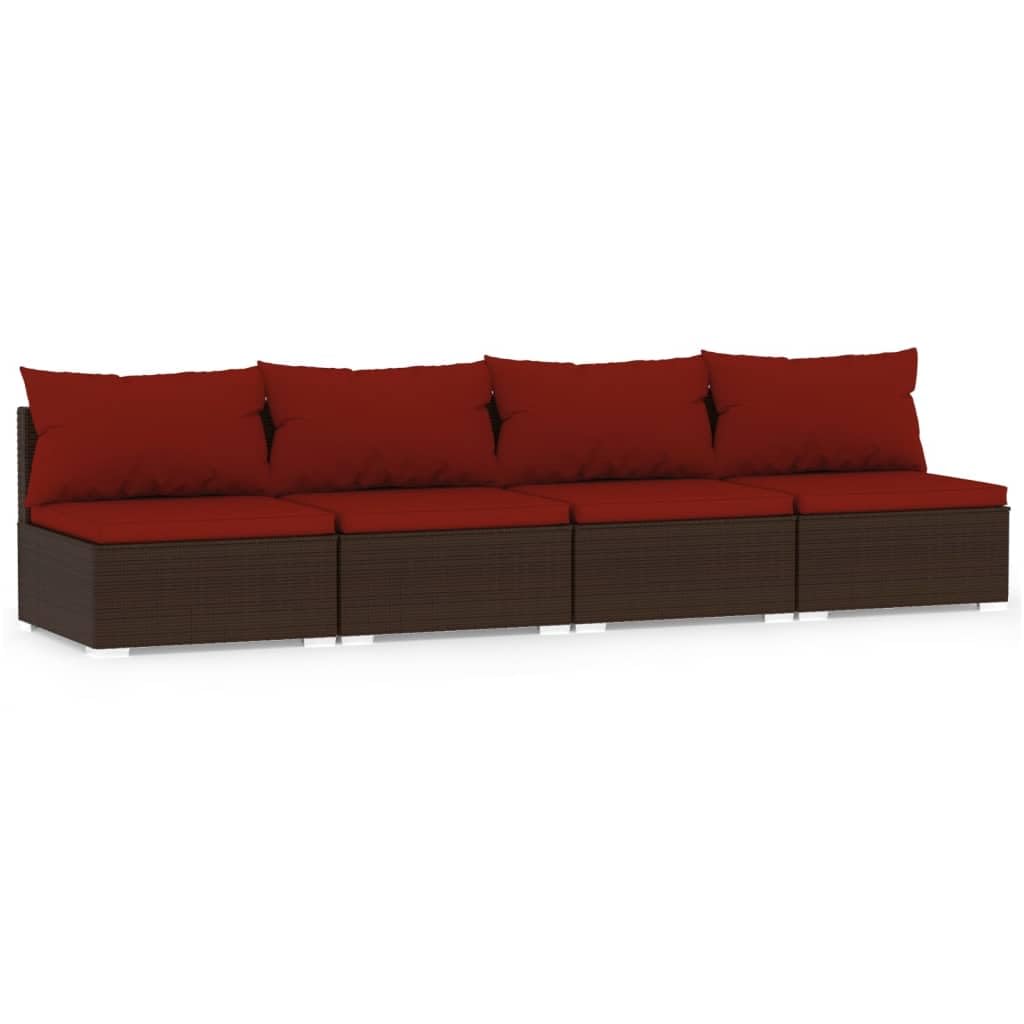 4-Seater Patio Sofa Set with Cushions - PE Rattan & Steel Frame Outdoor Furniture - Weather-Resistant Brown & Cinnamon Red Sofa for Garden, Deck, Poolside or Backyard Relaxation