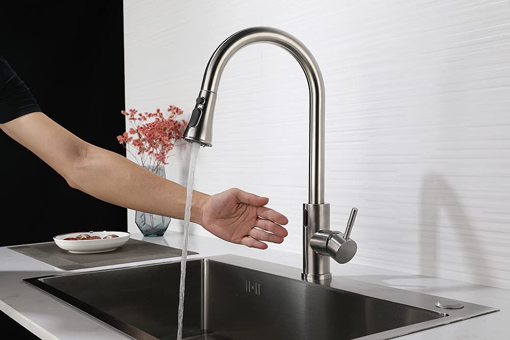 Touchless Pull Down Kitchen Faucet with Pull Out Sprayer, Single Handle Stainless Steel Brushed Nickel Sink Faucet, 2 Water Modes for Modern and Family Kitchens