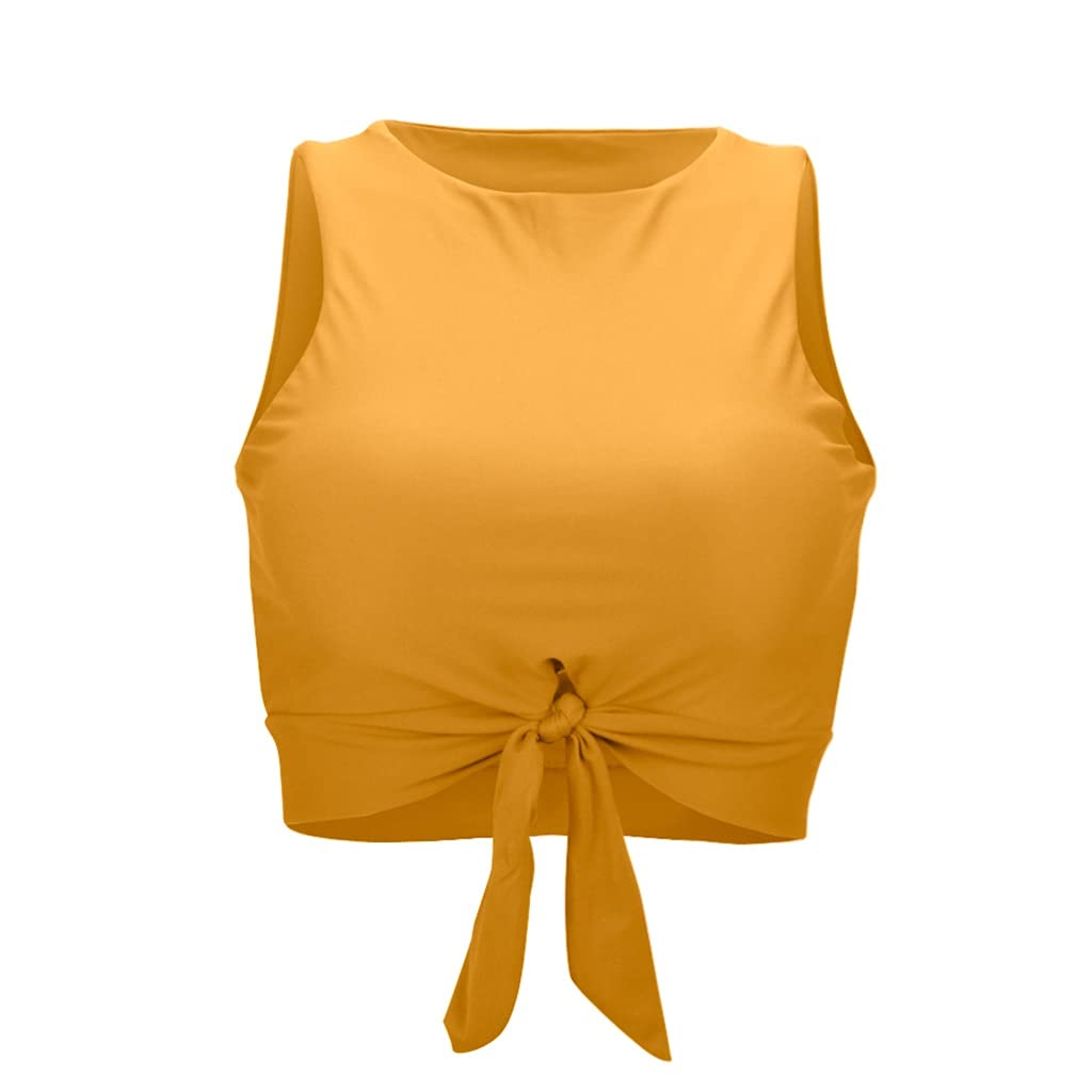 EKDSPW Women's High Neck Knot Bikini Top - Plus Size XL Yellow Swim Crop Top, Bathing Suit & Sport Shirt for Swimming, Beach & Water Sports