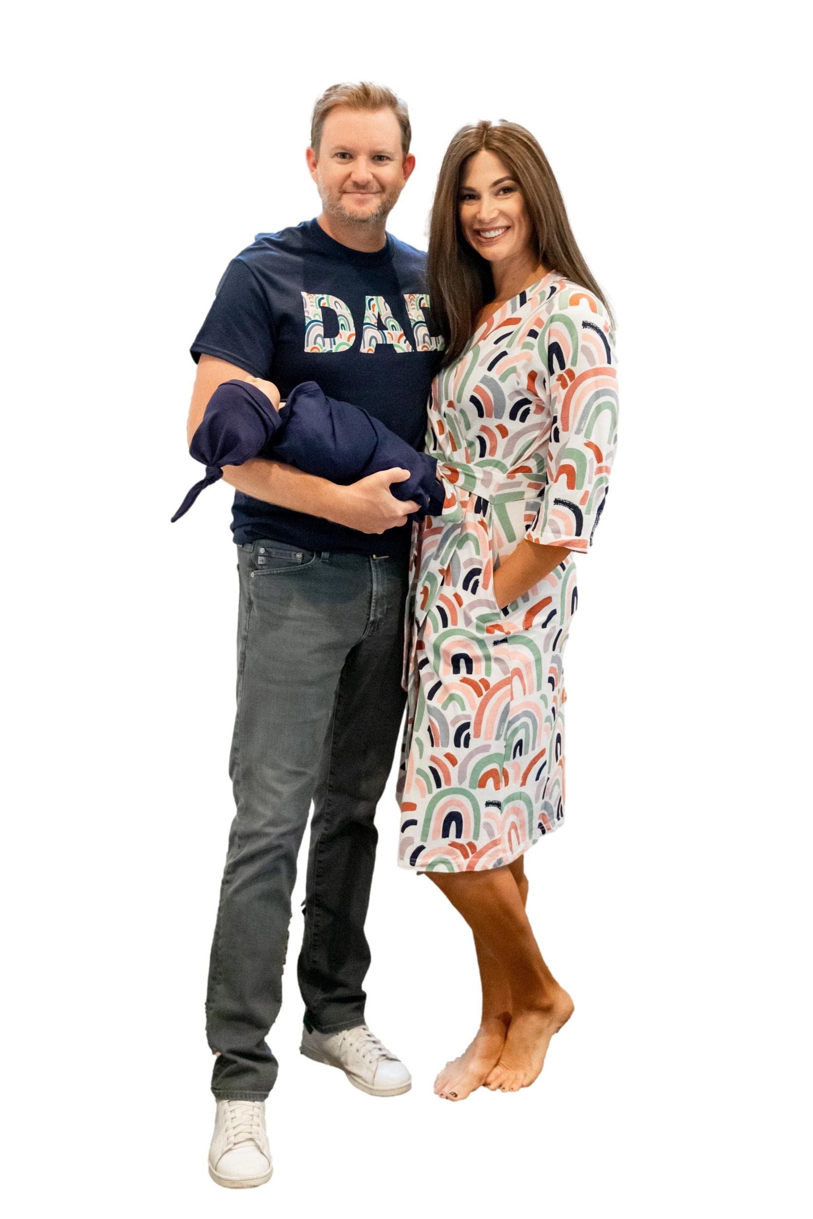 Baby Be Mine Maternity Nursing Robe & Swaddle Blanket Set with Daddy T-Shirt - Large/X-Large Robe & Medium Shirt (Rainbow/Navy) | Comfortable Hospital Delivery & Newborn Photo Outfit