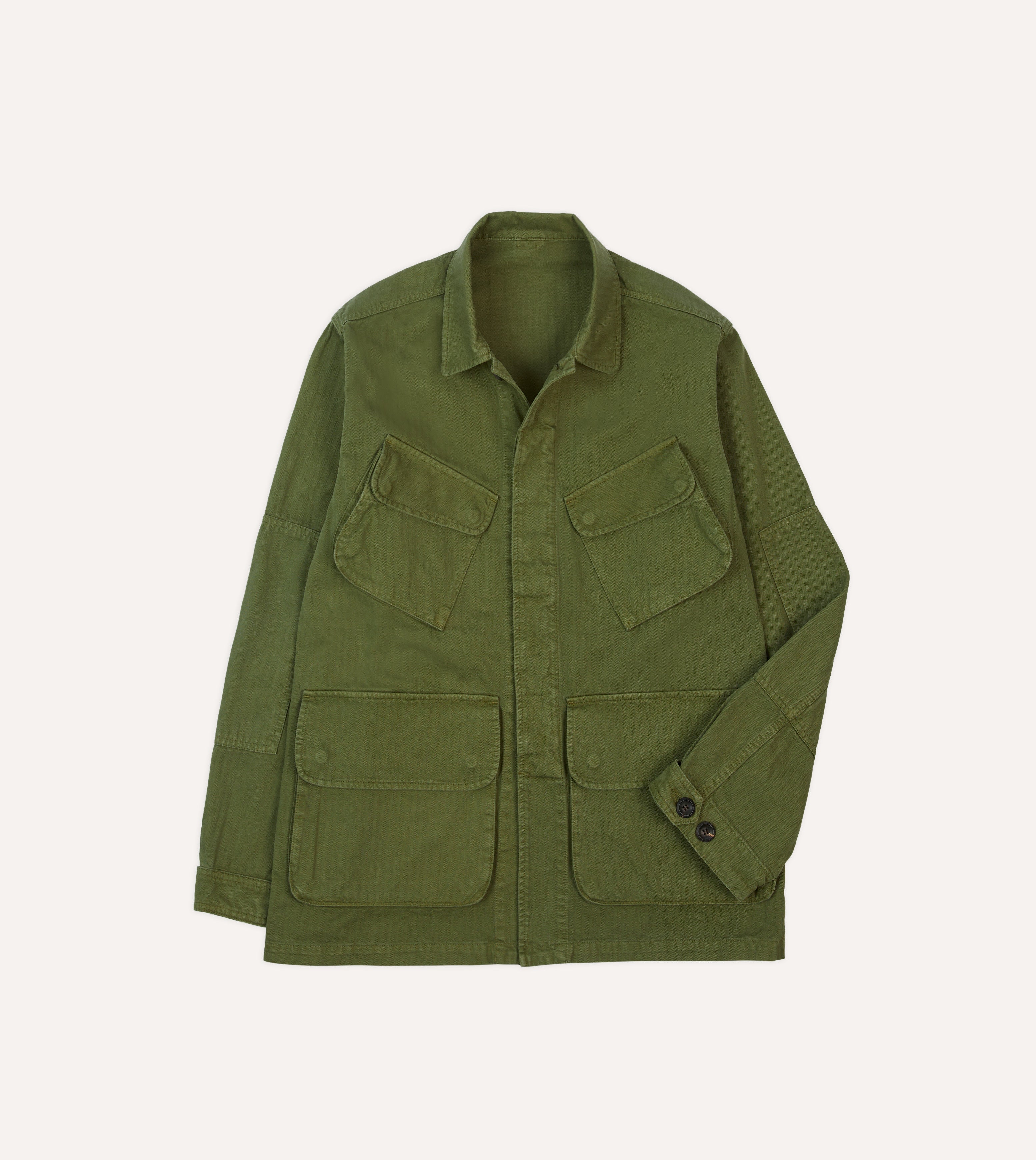 Olive Herringbone Cotton Jungle Jacket for Men - Lightweight Outdoor Adventure Jacket for Hiking, Camping & Safari - Water-Resistant & Breathable