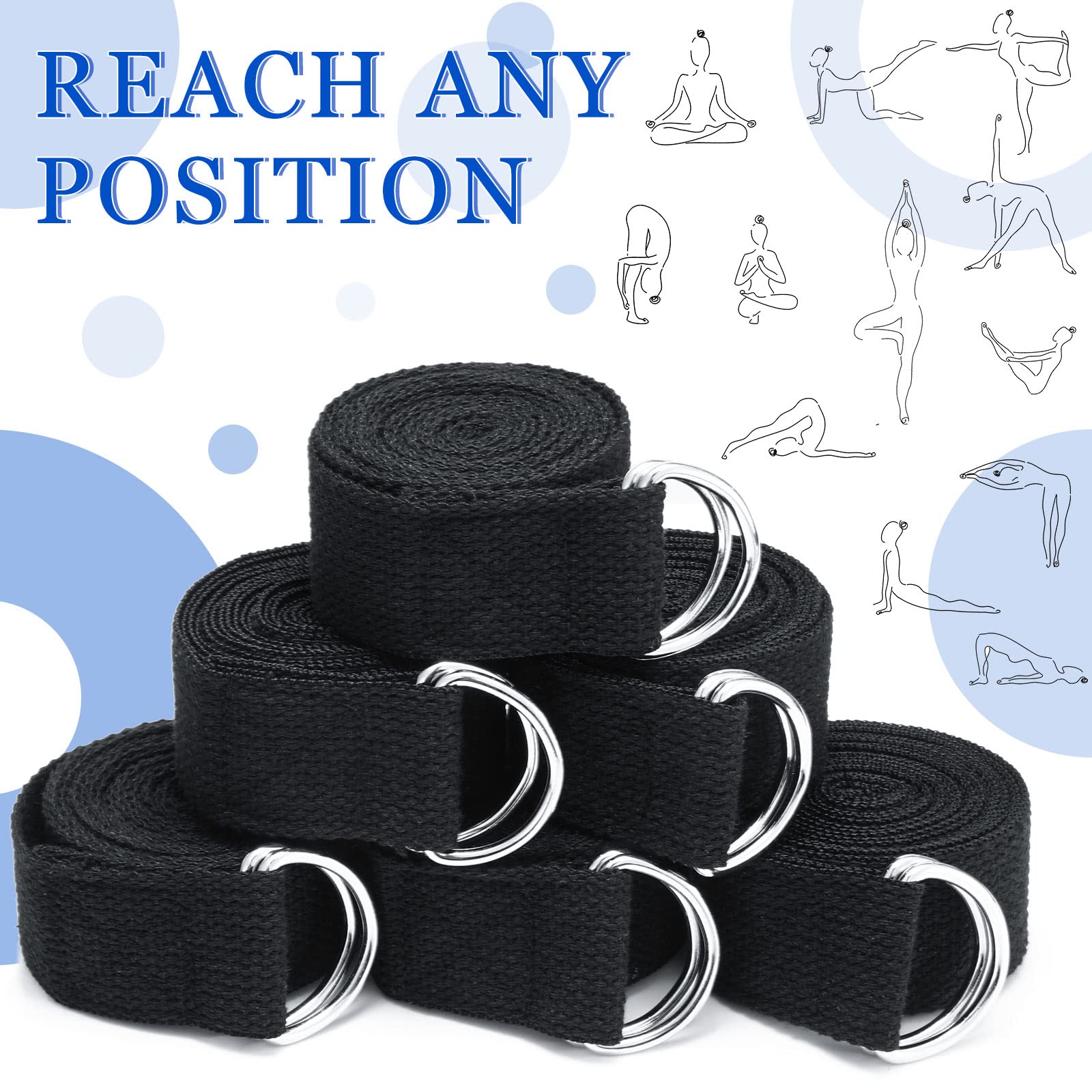 6-Pack 8 Ft Adjustable Yoga Straps with D-Ring Buckles for Stretching, Pilates, Gym Workouts & Posture Improvement - Perfect for Home Fitness, Yoga Classes & Physical Therapy