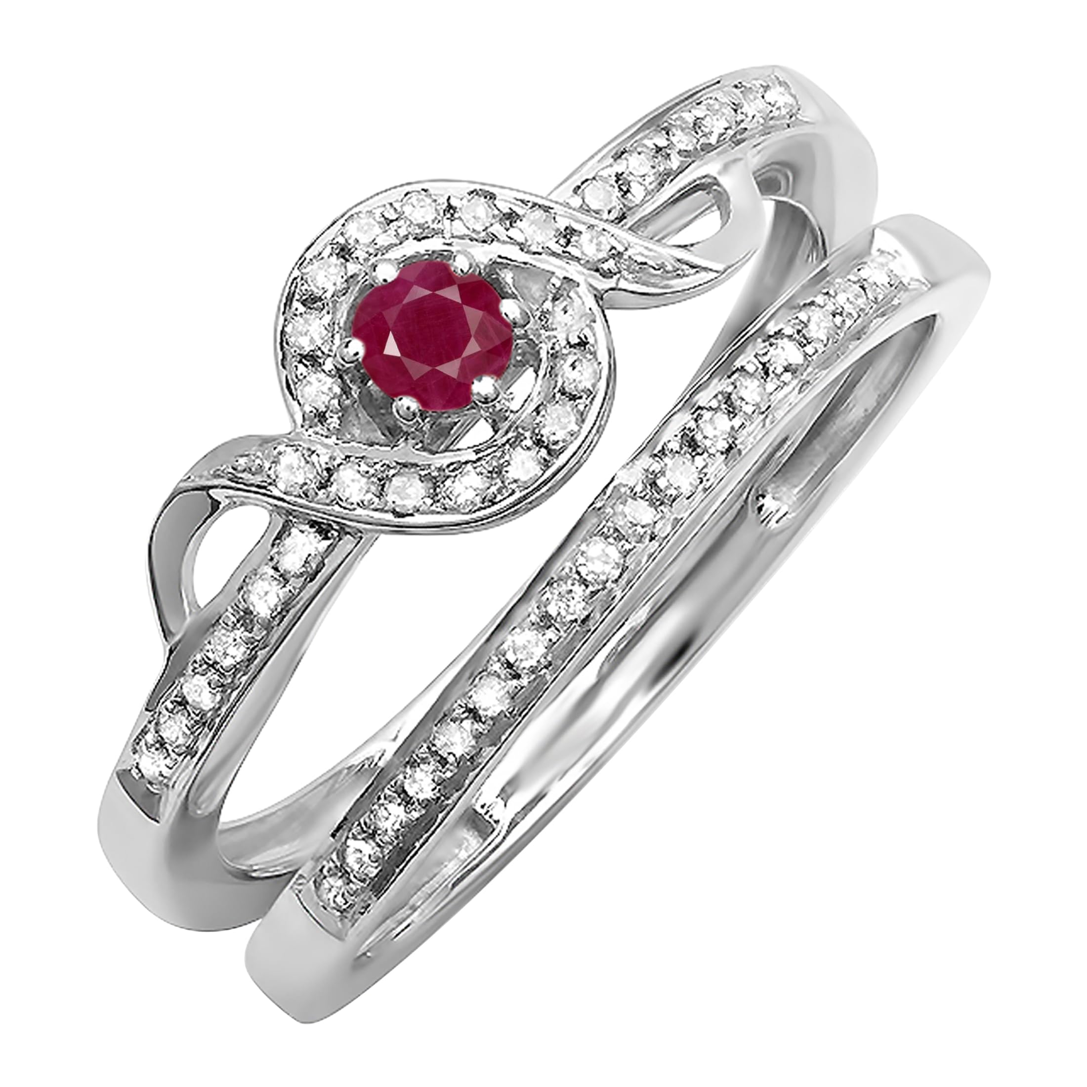 Dazzlingrock Sterling Silver Round White Diamond & Ruby Bridal Promise Ring Set for Women - Perfect for Engagement, Wedding, Anniversary & Valentine's Day Gifts