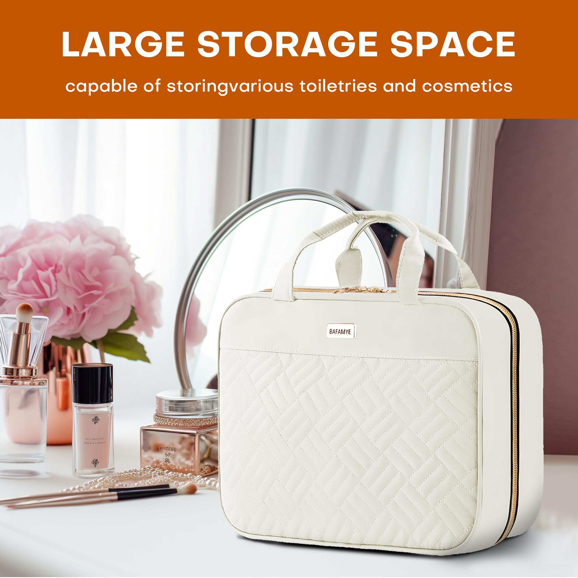 8L Travel Toiletry Bag for Women - 2.1 Gallon Waterproof Hanging Cosmetic Organizer with Hook for Shampoo, Makeup & Full-size Containers | Perfect for Vacation, Gym & Business Trips (Beige)