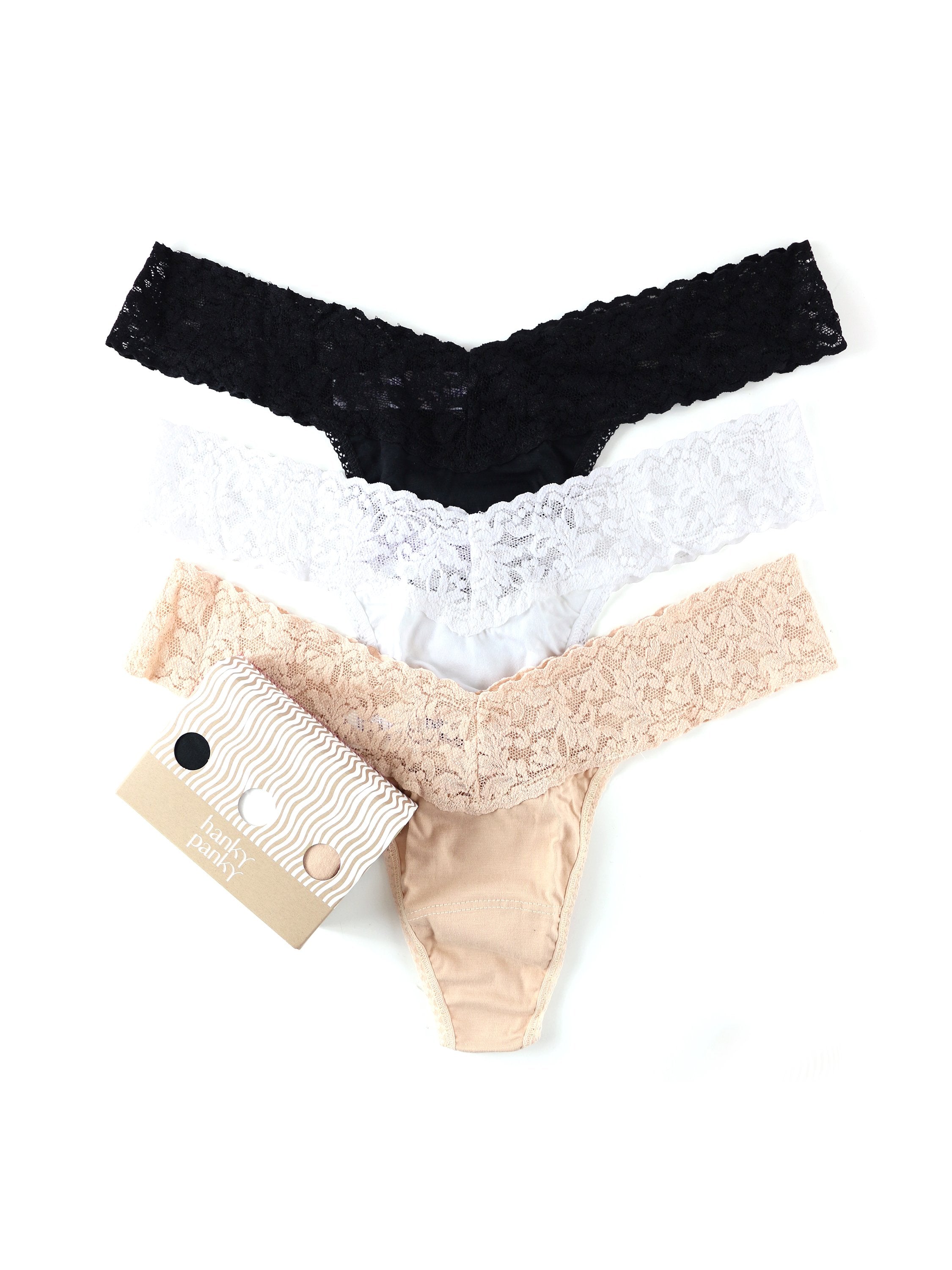 Hanky Panky 3 Pack Supima® Cotton Low Rise Thongs with Lace - Soft & Comfortable Women's Underwear for Everyday Wear & Special Occasions