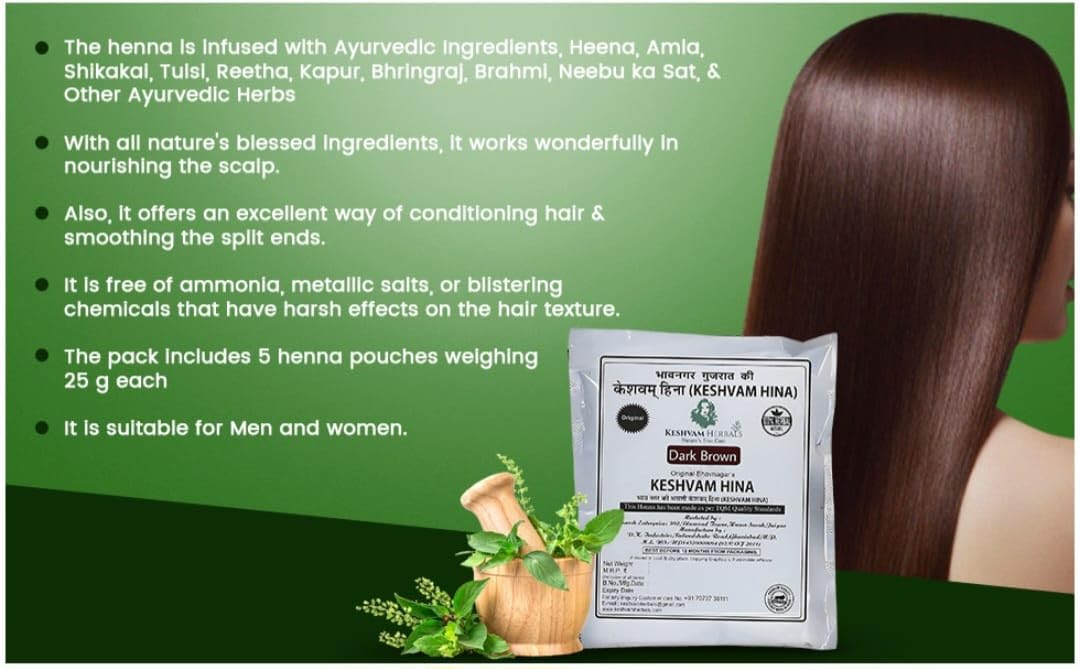 Keshvam Herbals Natural Dark Brown Mehndi (Pack of 5) 125g - Original Bhavnagar Henna Hair Dye for Natural Hair Coloring & Conditioning - Perfect for DIY Hair Treatments, Weddings & Festive Occasions