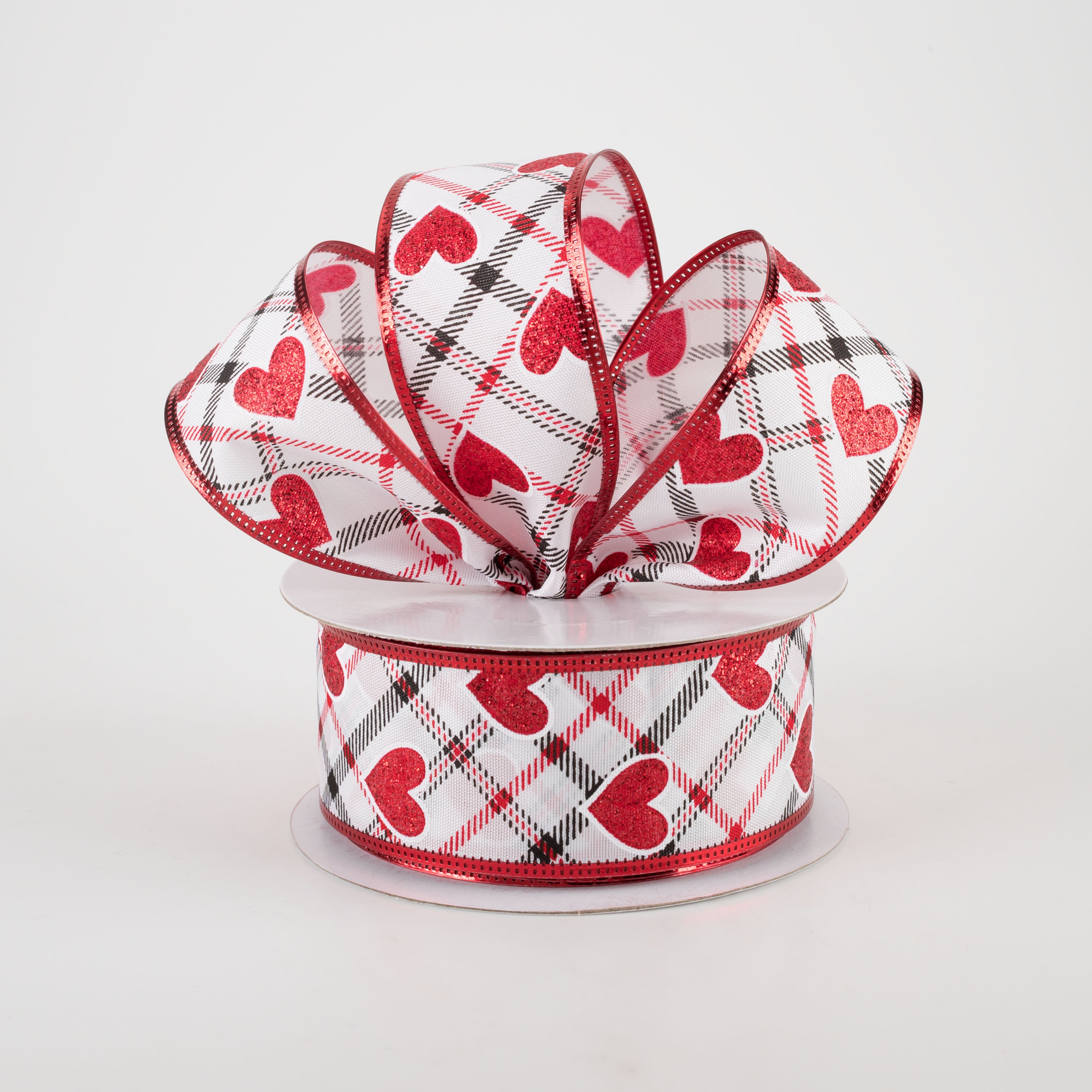 1.5 Inch Red Glitter Hearts on Argyle Ribbon - 10 Yards Bulk Spool for DIY Crafts, Gift Wrapping, Party Decorations, and Scrapbooking Supplies
