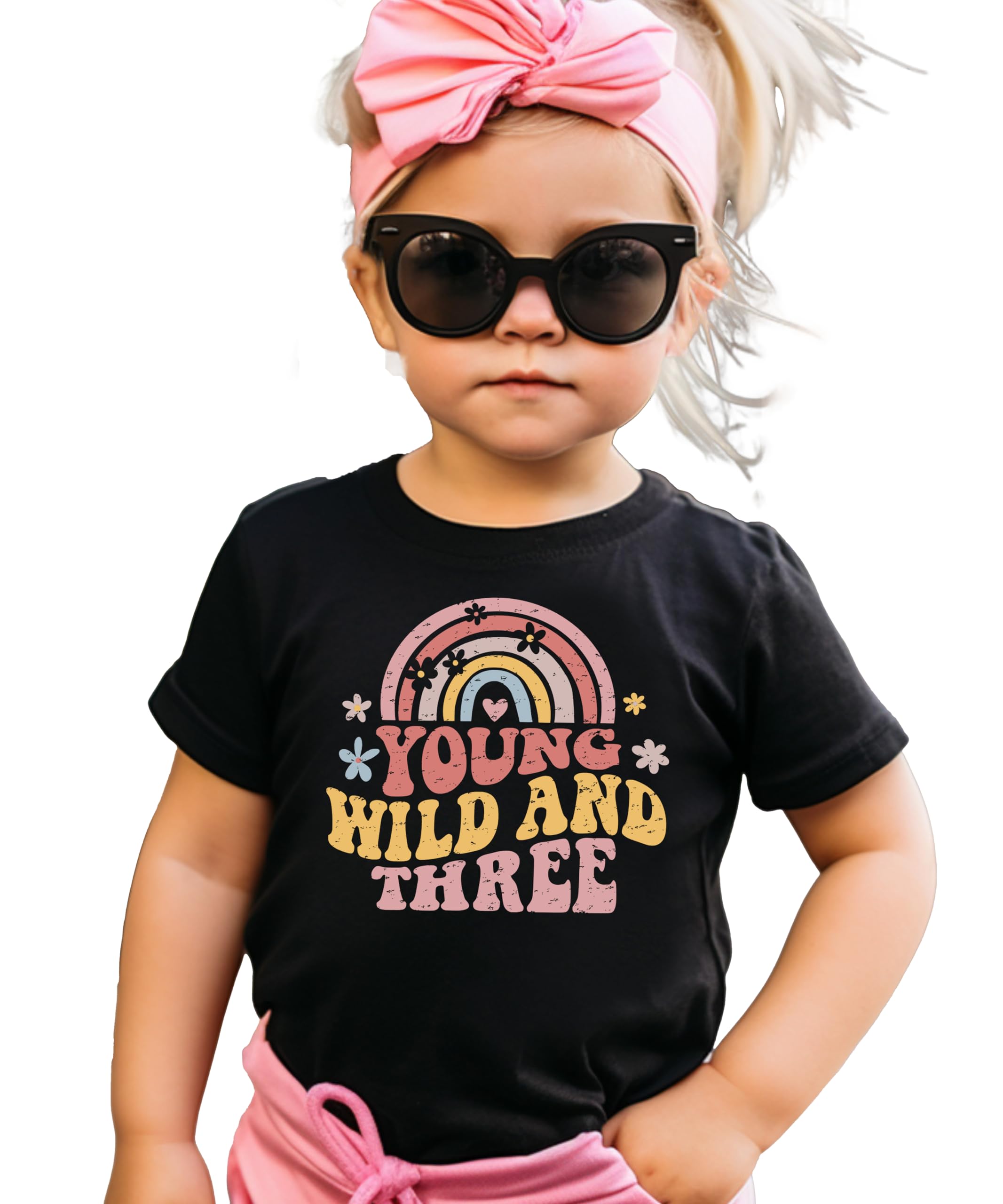 Retro Rainbow 3rd Birthday Shirt for Toddler Girls - Adorable Wild Three Themed Outfit for Baby's Third Birthday Party & Photo Shoot