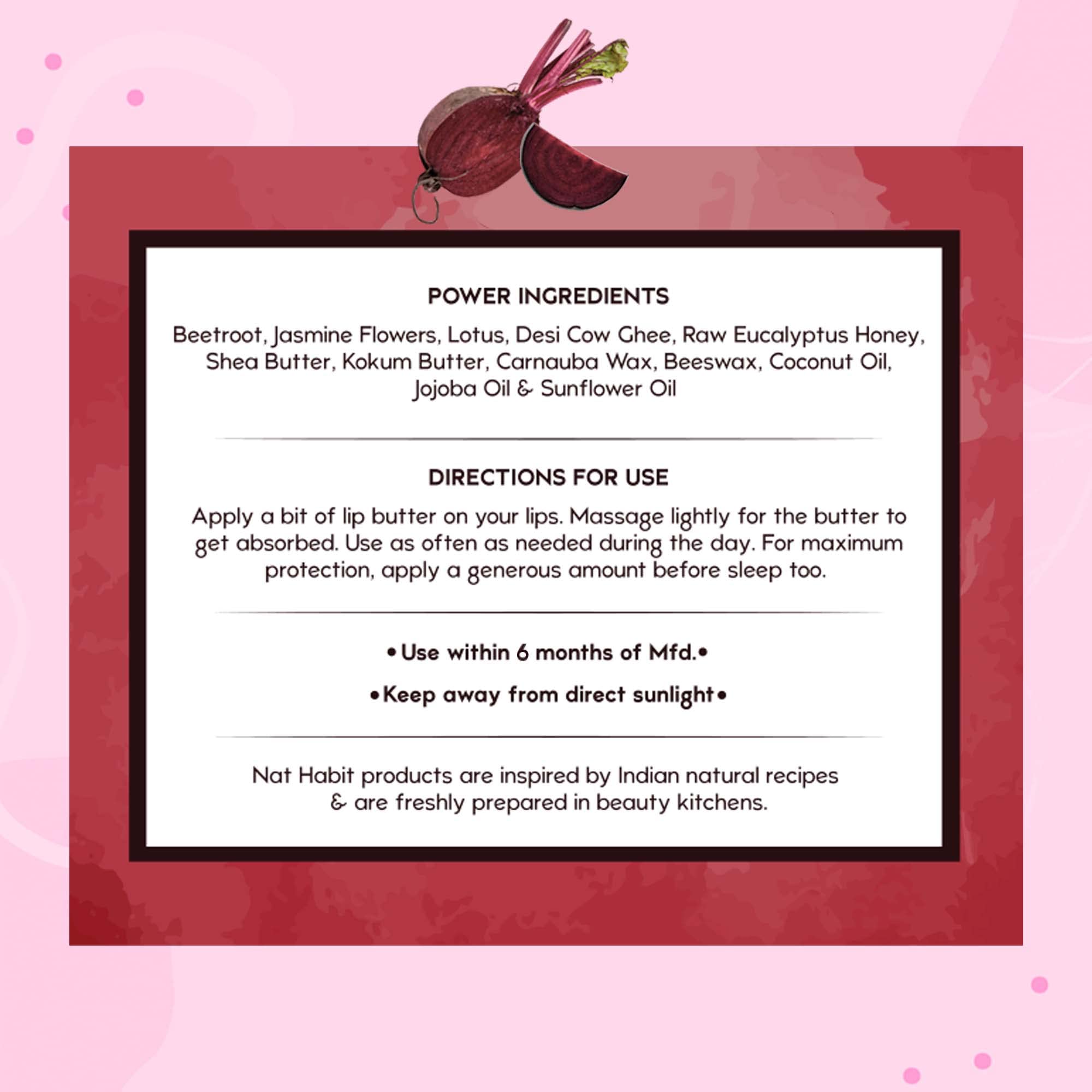 Nat Habit Fresh Beetroot Crush Lip Balm 10g - Natural Lip Butter with Desi Ghee & Raw Honey for Pink Lips, Nourishment, Dark & Chapped Lips Treatment - Pack of 1 - Perfect for Daily Hydration & Winter Lip Care