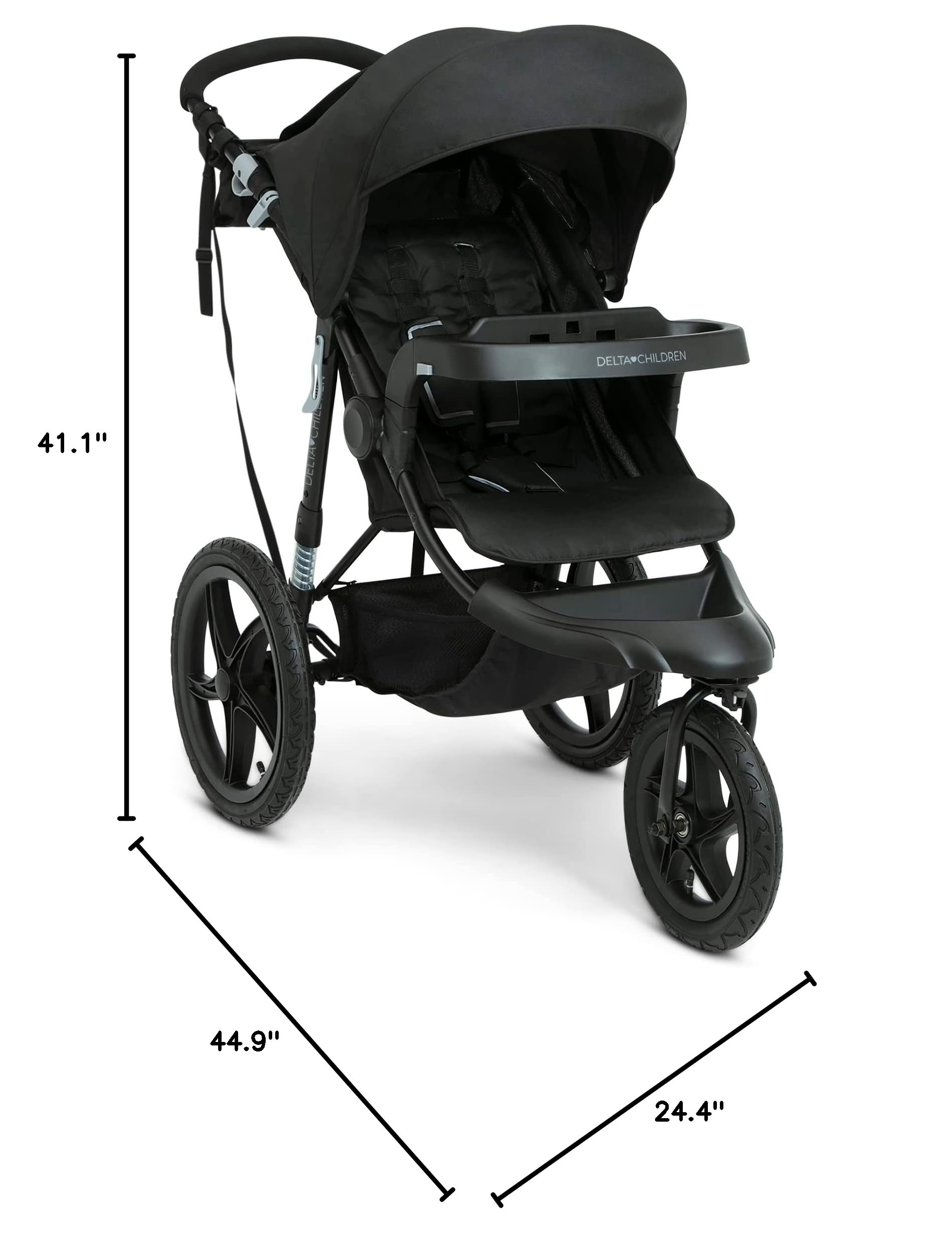 Delta Children Apollo Jogging Stroller - Lightweight Shock-Absorbing Frame with Adjustable Canopy & Reclining Seat - Compatible with Infant Car Seats (Black) - Perfect for Running, Walking & Outdoor Adventures with Baby