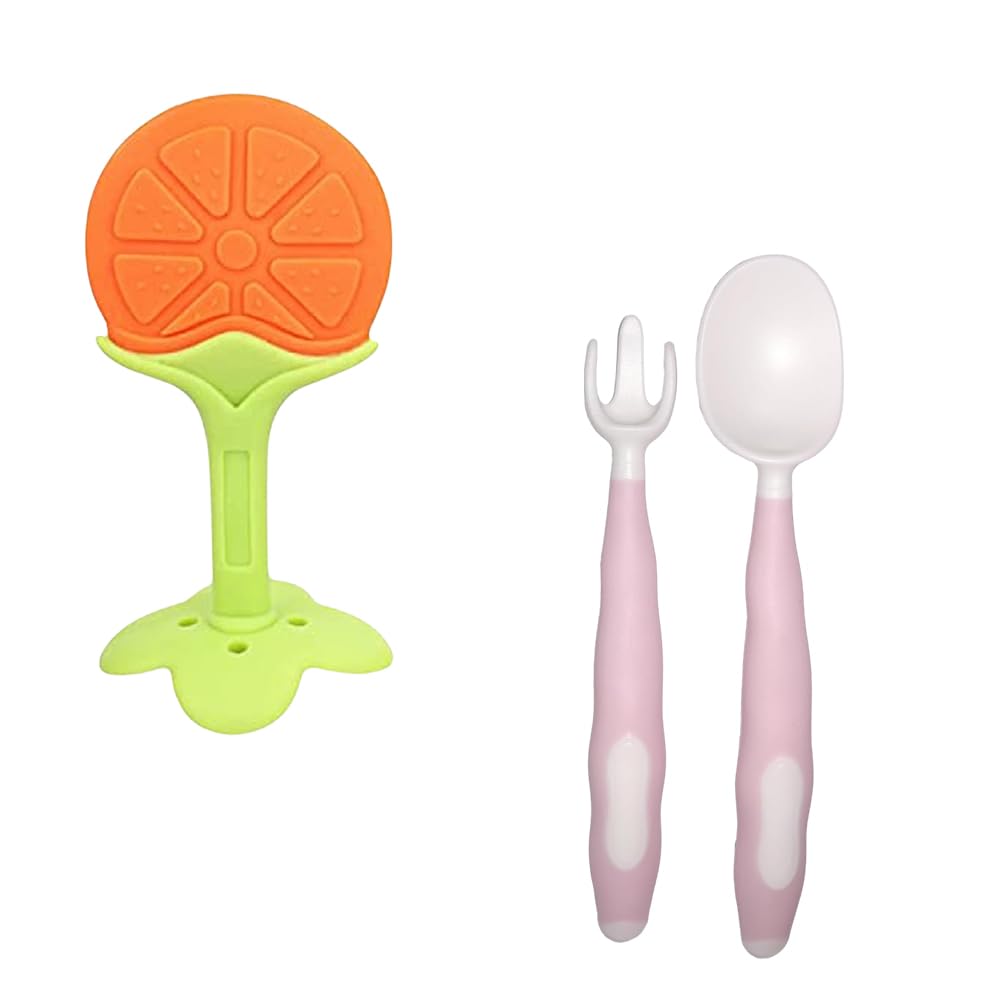 Kritiu Teether and Baby Spoons Set - BPA-Free Silicone Teething Toys & Feeding Utensils for Infants 6+ Months - Safe, Soft & Practical Baby Care Essentials (Yellow & Pink) - Perfect for Soothing Sore Gums and Introducing First Foods