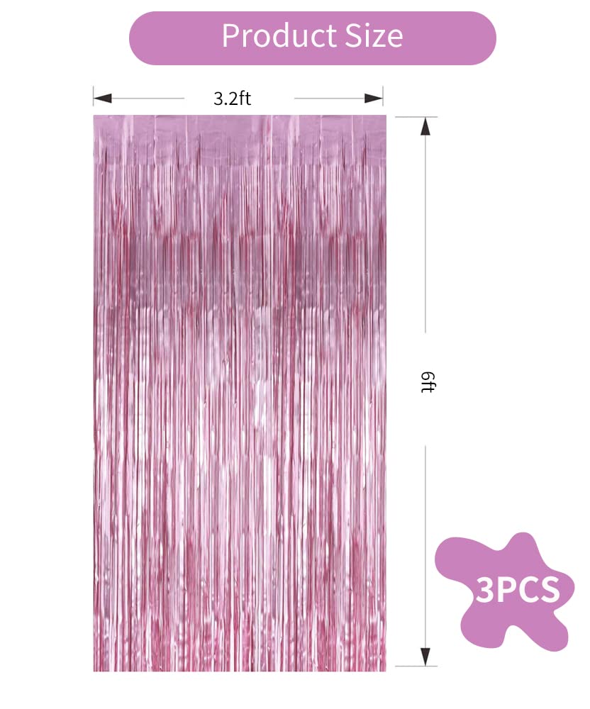 TONIFUL 3Pcs Pink Metallic Foil Fringe Curtains - 9.9ft x 6.6ft Door Streamers & Photo Booth Backdrop for Birthday, Christmas, New Year, Bridal Shower, Bachelorette Party Decor - Perfect for Home, Wedding & Event Decoration