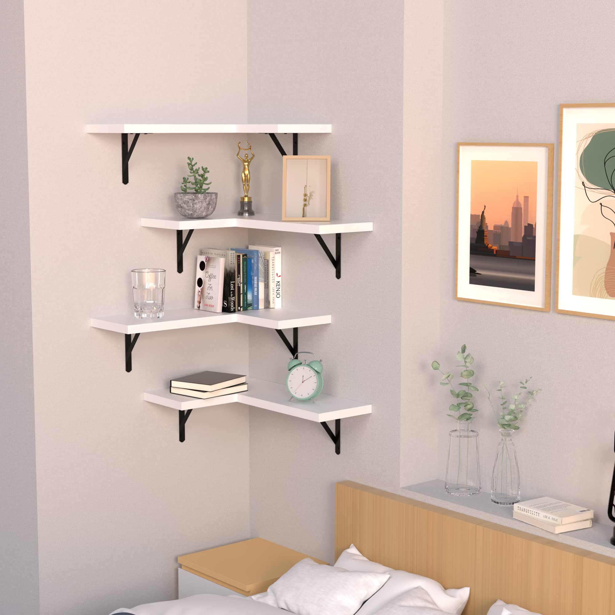 NATURE'S SOURCE Floating Corner Shelves Set of 4 - Wall Mounted Modern White Shelves for Bedroom, Kitchen, Bathroom & Office - Space Saving Storage Solution for Home Decor & Organization