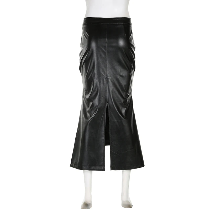 Elegant Black Leather Skirt for Women - Asymmetrical Fold Design with Side Zipper & High Slit, Sexy Long Skirt for Clubwear, Party & Night Out Fashion | Perfect for Evening Events, Date Nights & VIP Parties