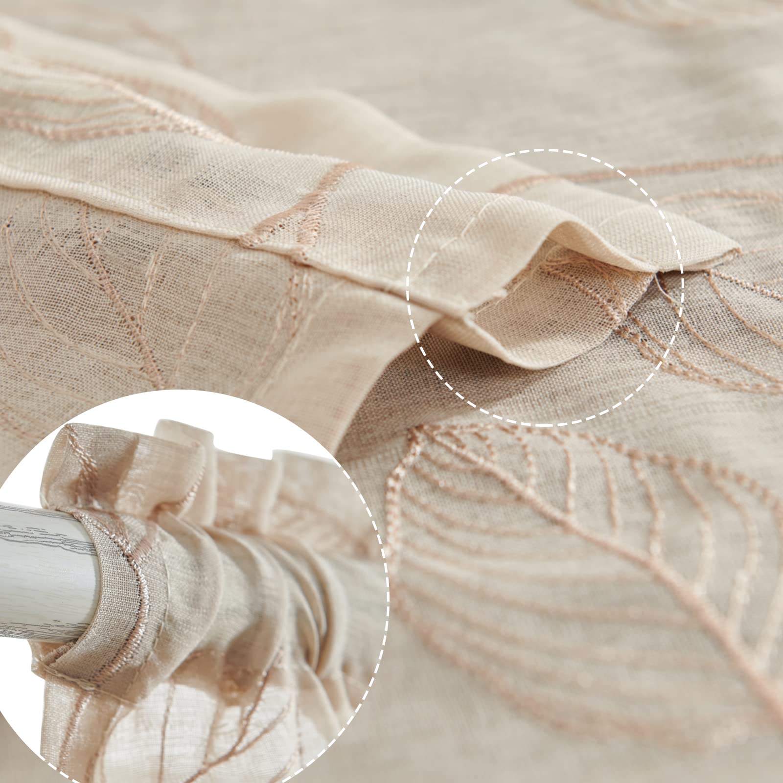 Beige Sheer Kitchen Curtains with Leaf Embroidery - Voile Tiered Window Panels for RV, Camper, Farmhouse, Bathroom & Basement - 36 Inch Rod Pocket, 2 Panels - Perfect for Small Windows, French Doors & Cozy Home Decor