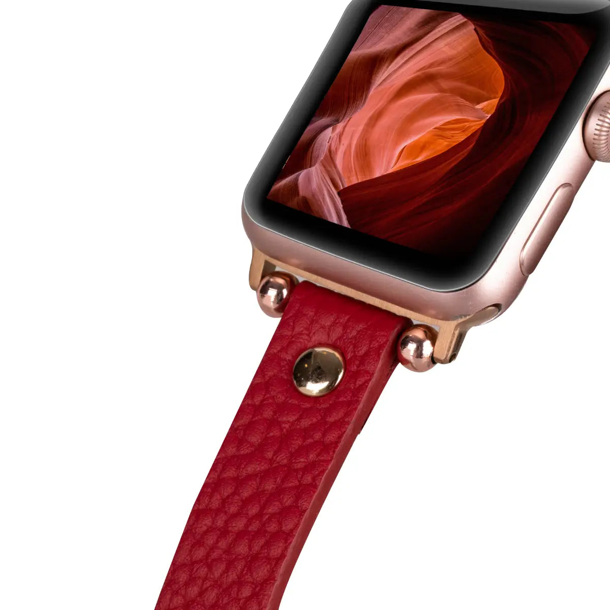 Premium Red Leather Ultra Slim Apple Watch Band with Gold Rivet - Stylish & Durable Replacement Strap for Workouts, Office & Everyday Wear