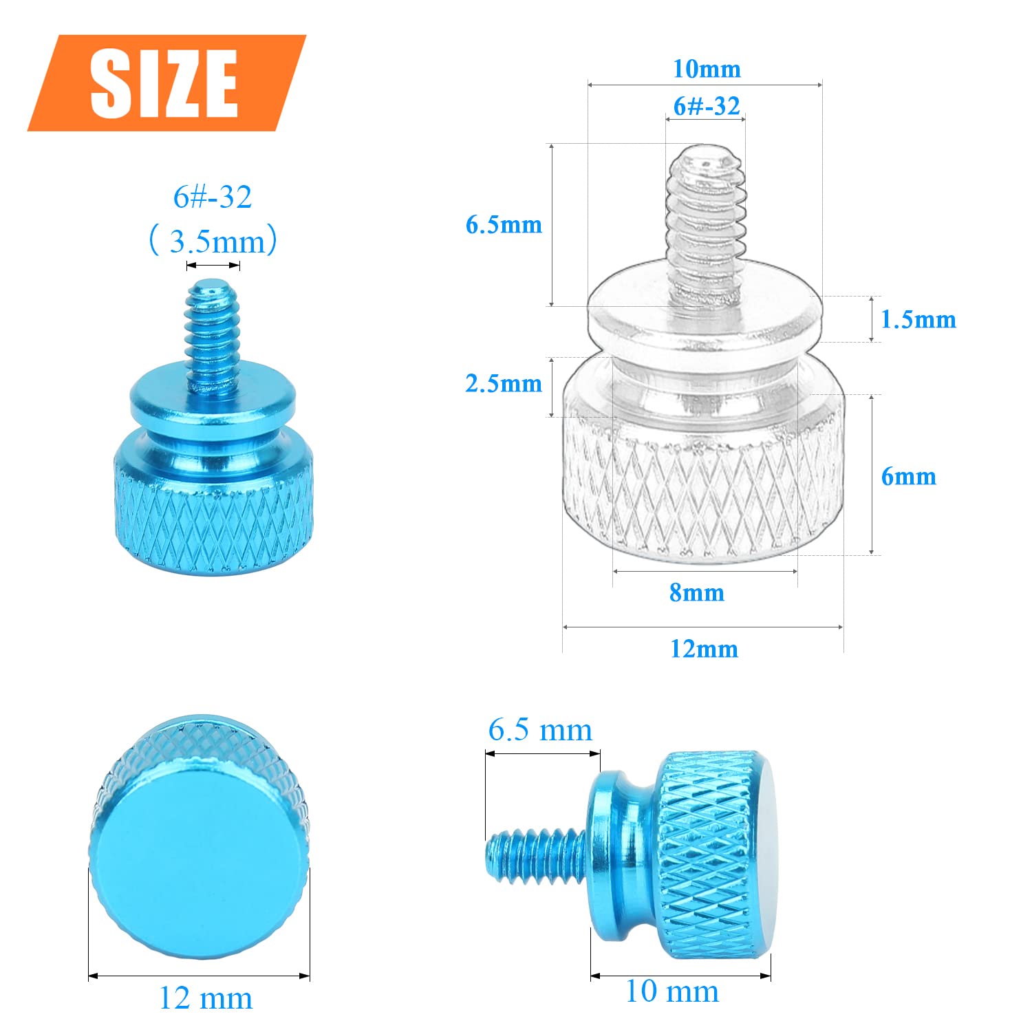 10-Pack Lake Blue Anodized Aluminum Thumb Screws 6-32 Thread for Computer Case, Cover, Power Supply & Hard Drives - Secure PC Build & Easy Maintenance