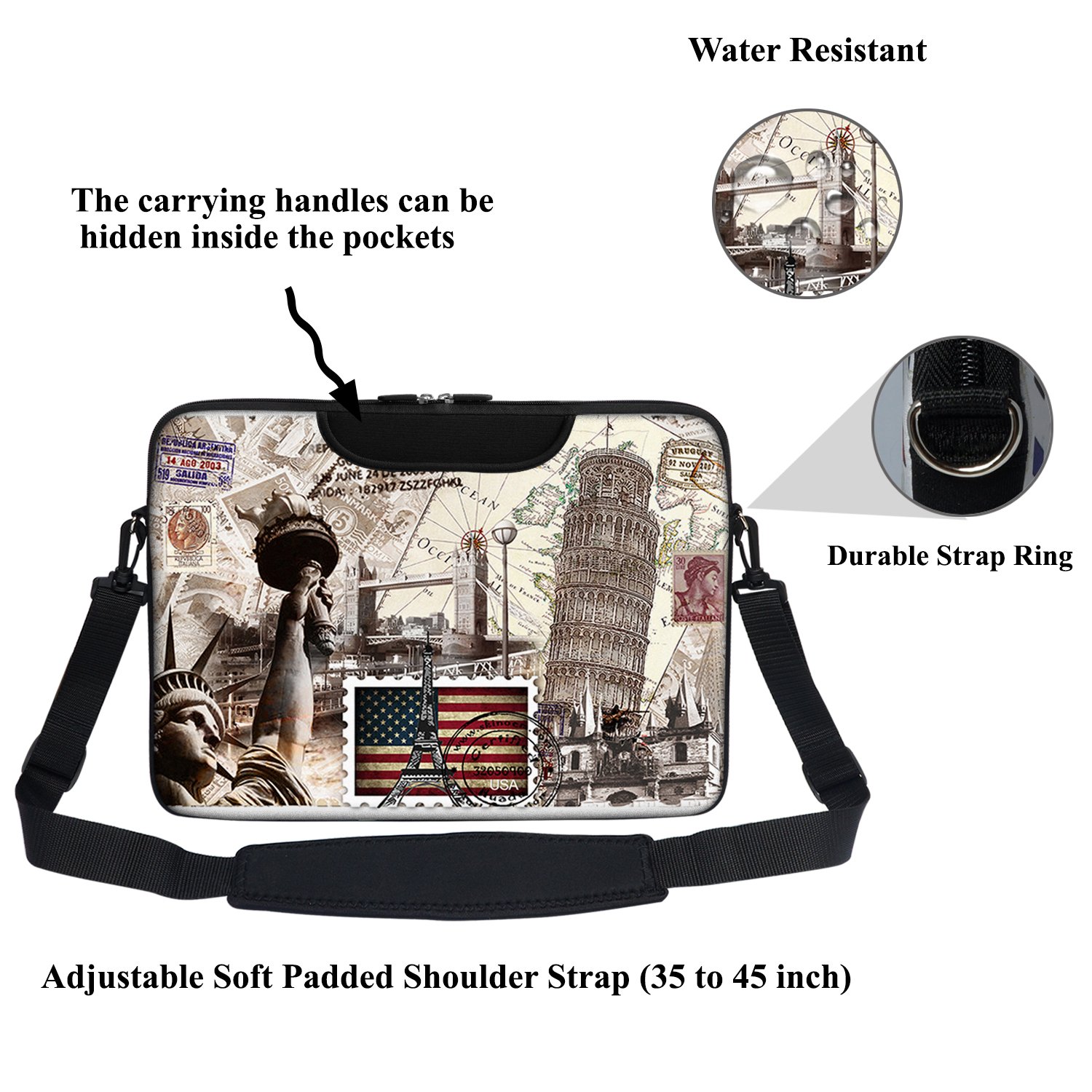 Meffort Inc Neoprene Laptop Shoulder Briefcase Bag for 15-15.6 Inch Notebook Computer - World Landmarks Design | Durable & Lightweight Business Travel Bag for Work, School & Commuting