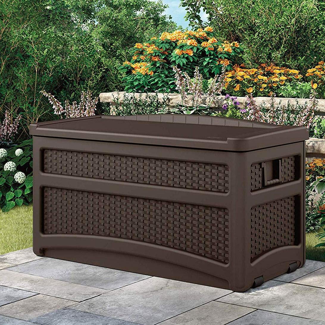 Suncast 73 Gallon Outdoor Patio Storage Chest with Handles & Seat - Java Brown (2 Pack) - Weatherproof Deck Box for Cushions, Pool Toys & Garden Tools Storage
