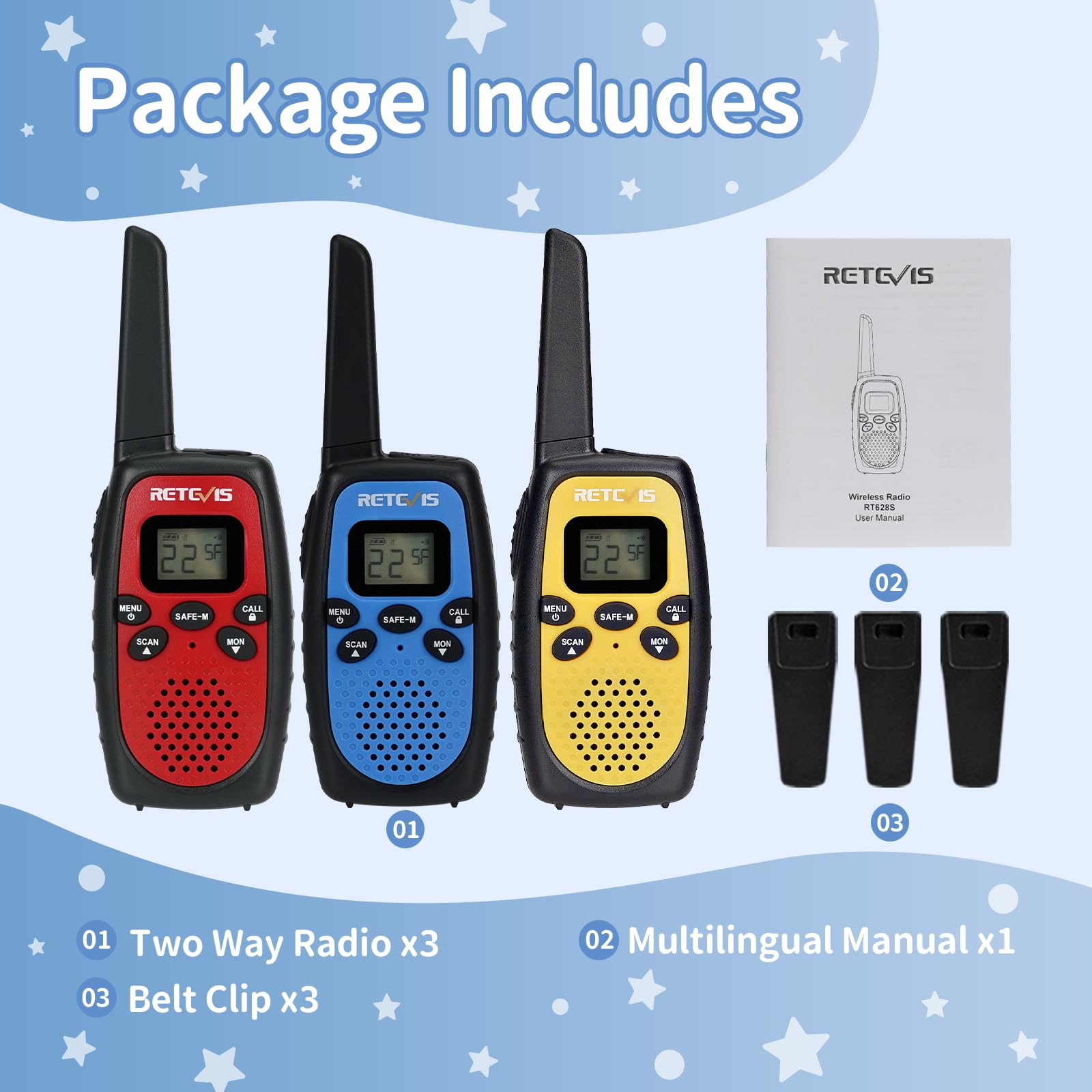 Retevis RT628S Kids Walkie Talkies - 2 Way Radios with Long Range, Safe Mode & VOX - Perfect for Boys & Girls - Ideal for Camping, Hiking & Outdoor Adventures (3 Pack) - Great for Family Trips, Theme Parks & Backyard Explorations