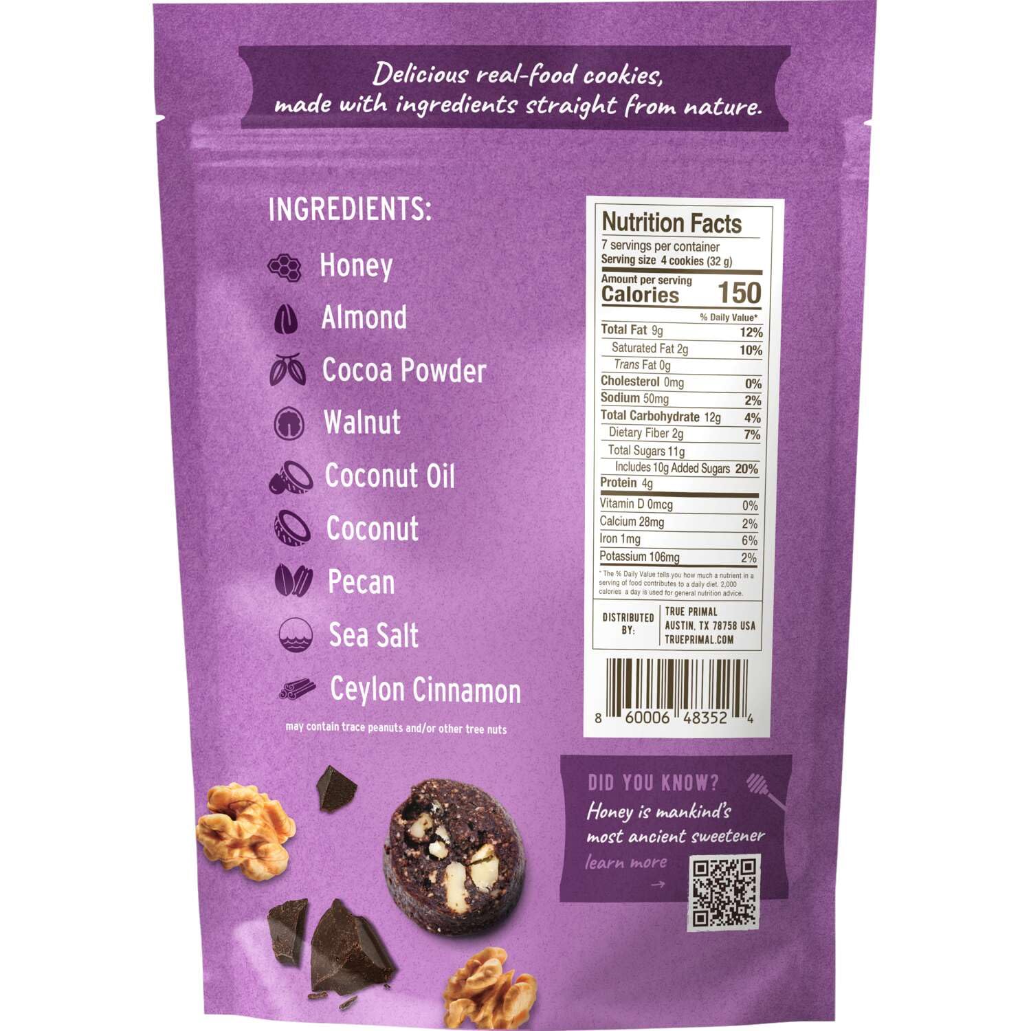 Ona Brownie-Style Cookies 4-Pack - Gluten Free, Grain Free, Dairy Free, Paleo Friendly Snacks with Honey & Dark Chocolate | Ready to Eat Healthy Treats for Office, Travel & Keto Diet