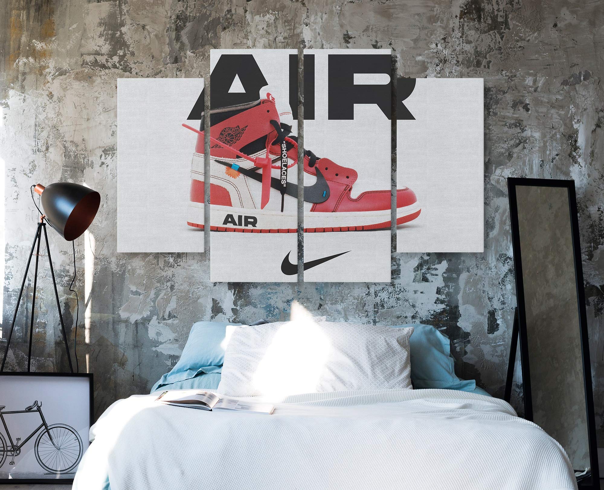 Red Air Sneakers Canvas Wall Art - Set of 4 Large Basketball Shoe Paintings for Home Decor | Perfect for Sports Themed Rooms, Man Cave & Sneakerhead Gifts
