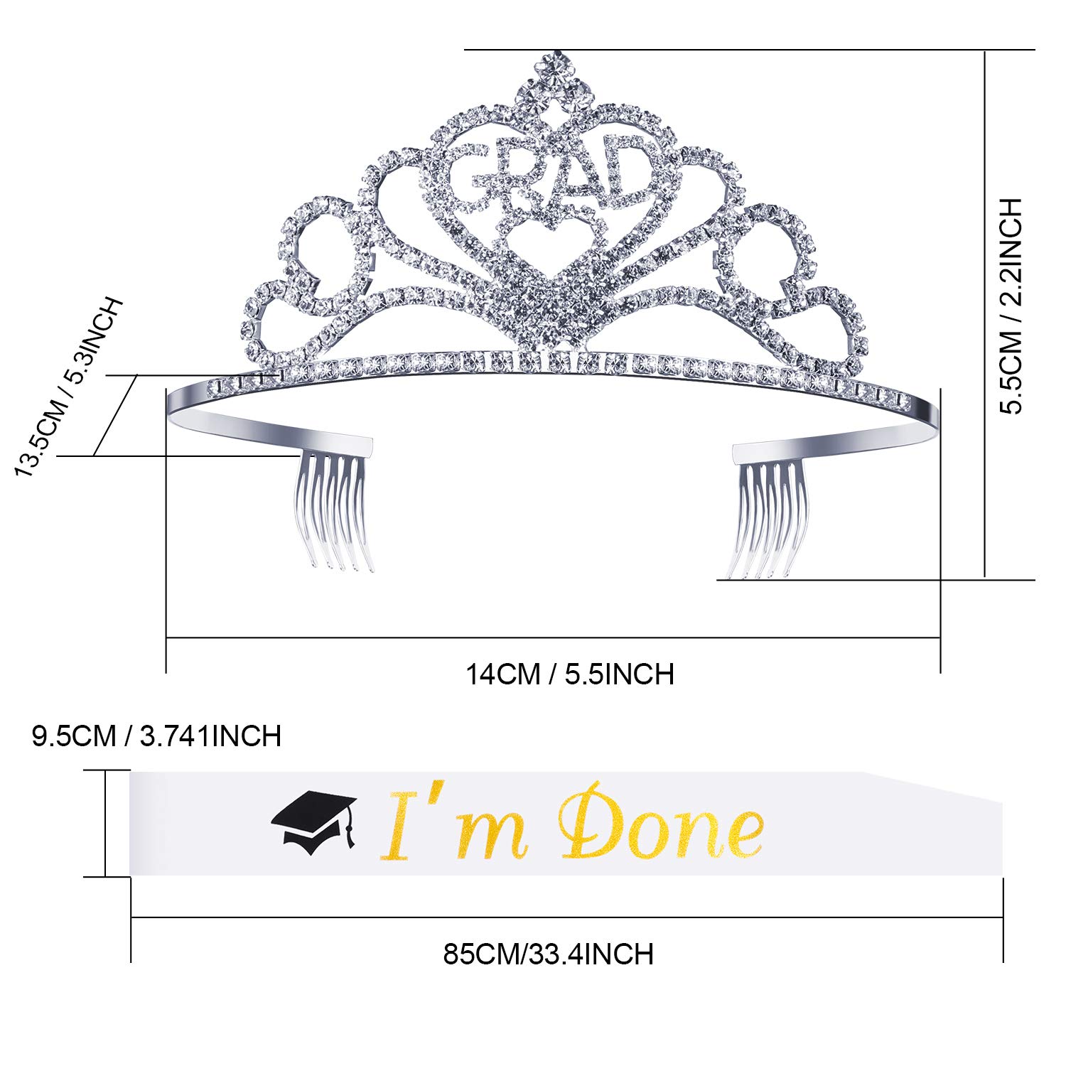 Chinco 2025 Graduation Party Supplies Kit - Glitter Metal Graduation Crown Tiara & Sash Set - Perfect Graduation Decorations & Party Favors - Ideal for High School/College Graduation Ceremonies & Photo Shoots (White 'I'm Done')