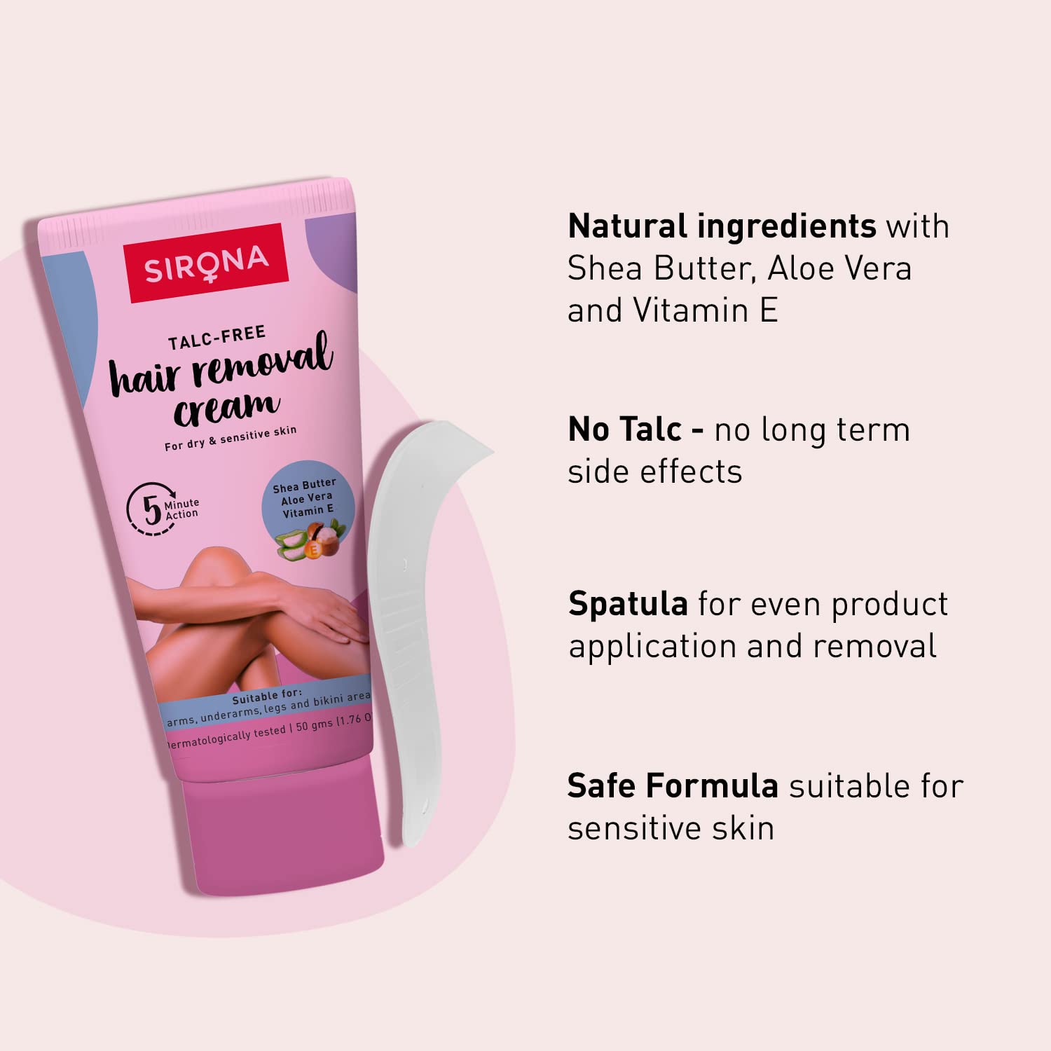 Sirona Hair Removal Cream for Women - Bikini, Underarms & Legs - Dermatologist Tested for Sensitive & Dry Skin - 50g (1 Pack) | Painless Hair Removal at Home, Smooth Skin for Summer & Beach Wear