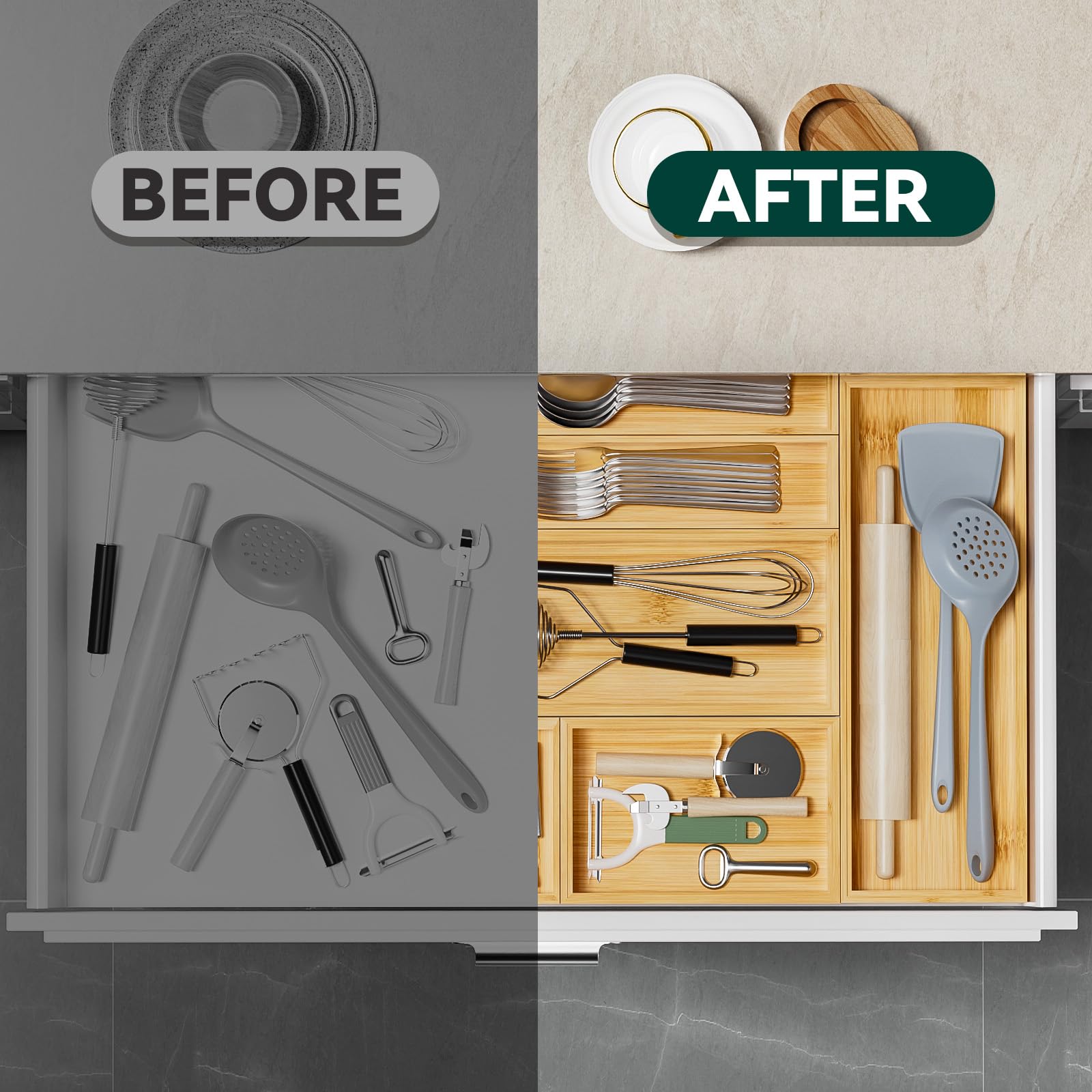Premium Bamboo Drawer Organizer Set - 2-Piece Stackable Silverware & Utensil Tray for Kitchen (12x3x2 Inch) | Eco-Friendly Cutlery Storage Solution | Perfect for Organizing Knives, Forks, Spoons & Cooking Tools