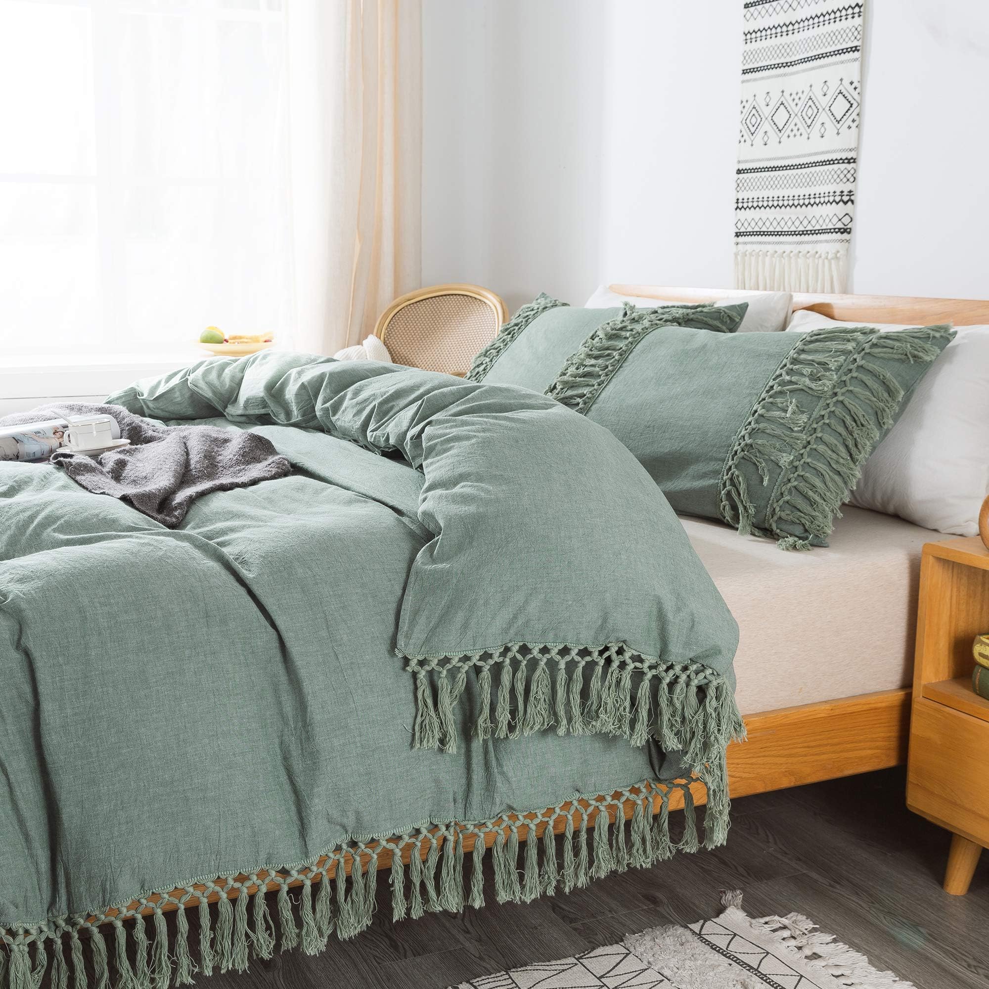 Sage Green Tassel Duvet Cover Set King Size - 100% Washed Cotton Soft Breathable Bedding (1 Duvet Cover + 2 Pillowcases) for All Seasons | Perfect for Master Bedroom, Guest Room & Cozy Home Decor