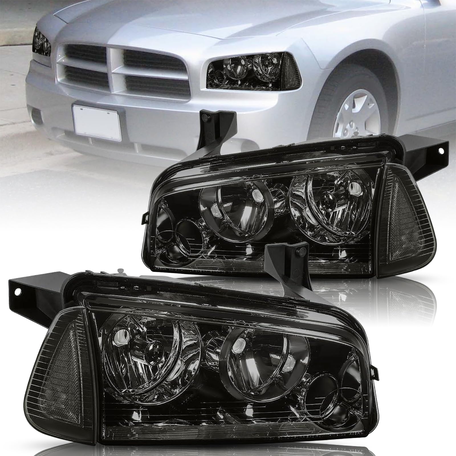 BRYGHT Smoked Black Headlight Assembly with Corner Light - Compatible with 2006-2010 Dodge Charger (Passenger & Driver Side) | Enhanced Night Visibility & Style Upgrade for Street Driving