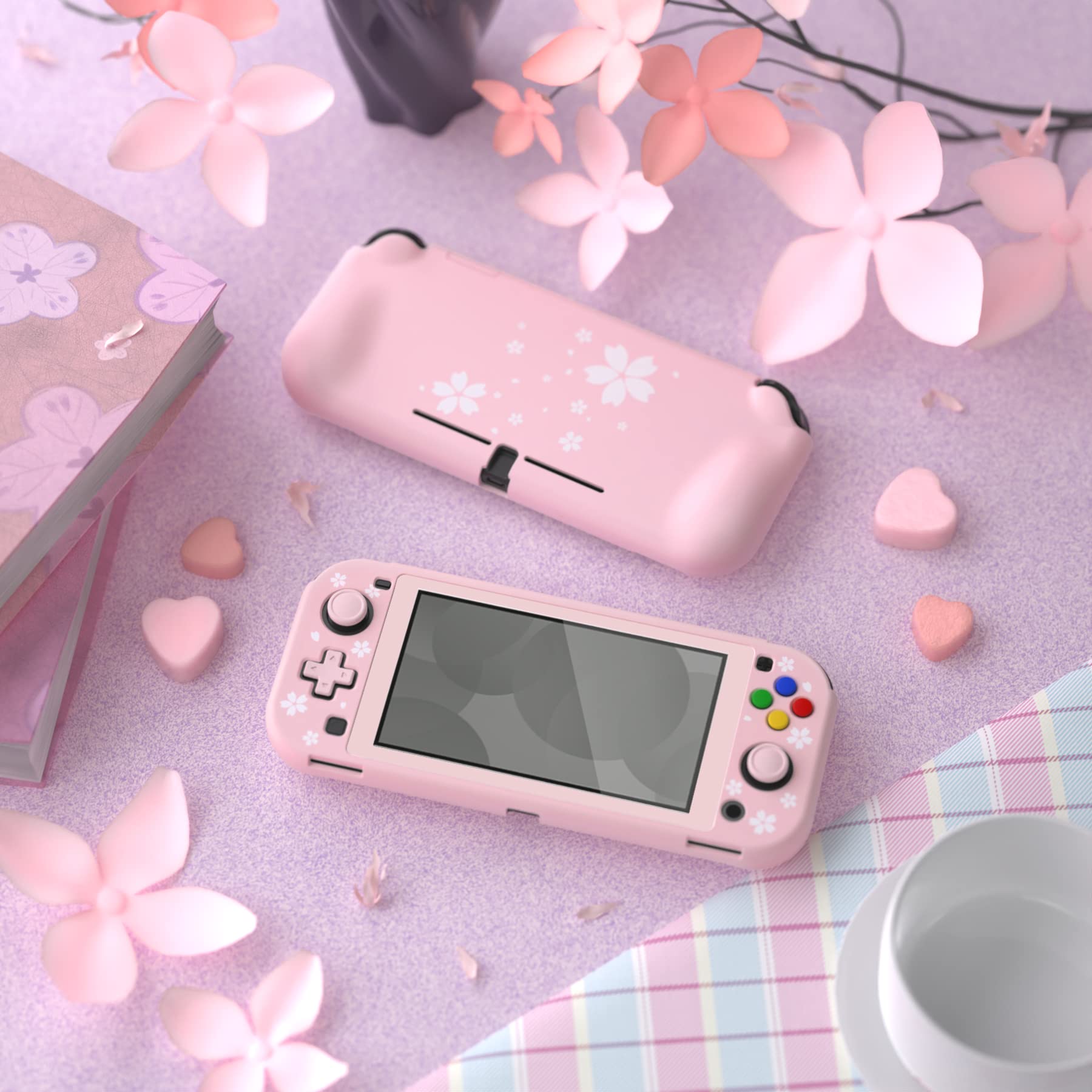 PlayVital ZealProtect Protective Case for Nintendo Switch Lite - Hard Shell Ergonomic Grip Cover with Screen Protector, Thumb Grip Caps & Button Caps - Cherry Blossom Petals Design - Perfect for Gaming, Travel & Daily Protection