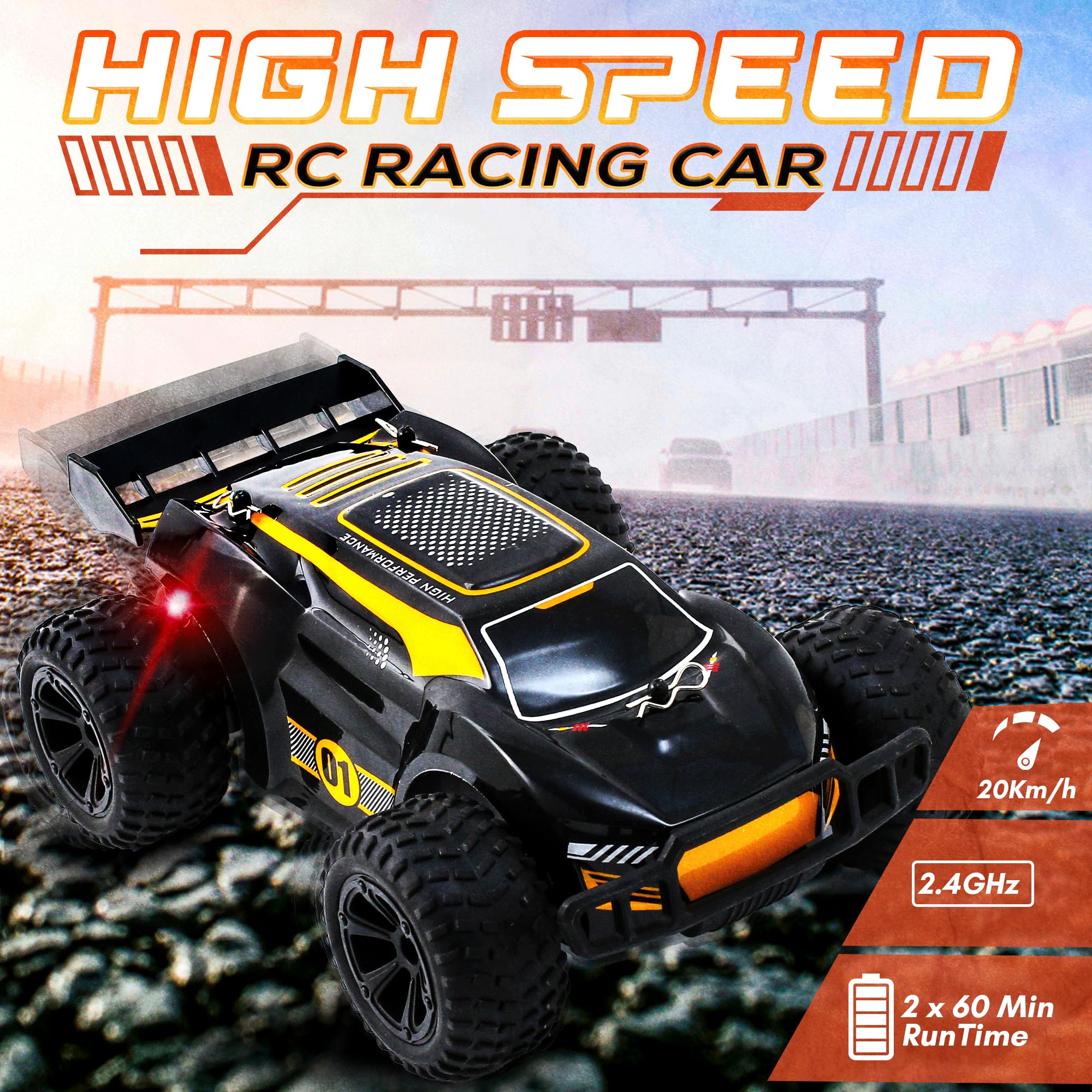 1:20 Scale Offroad Remote Control Car for Boys - High Speed 20km/h RC Truck with LED Lights, 2x 1000mAh Rechargeable Batteries - All Terrain 4WD Toy Car Gift for Kids & Teens | Outdoor Play, Backyard Racing, Birthday Present